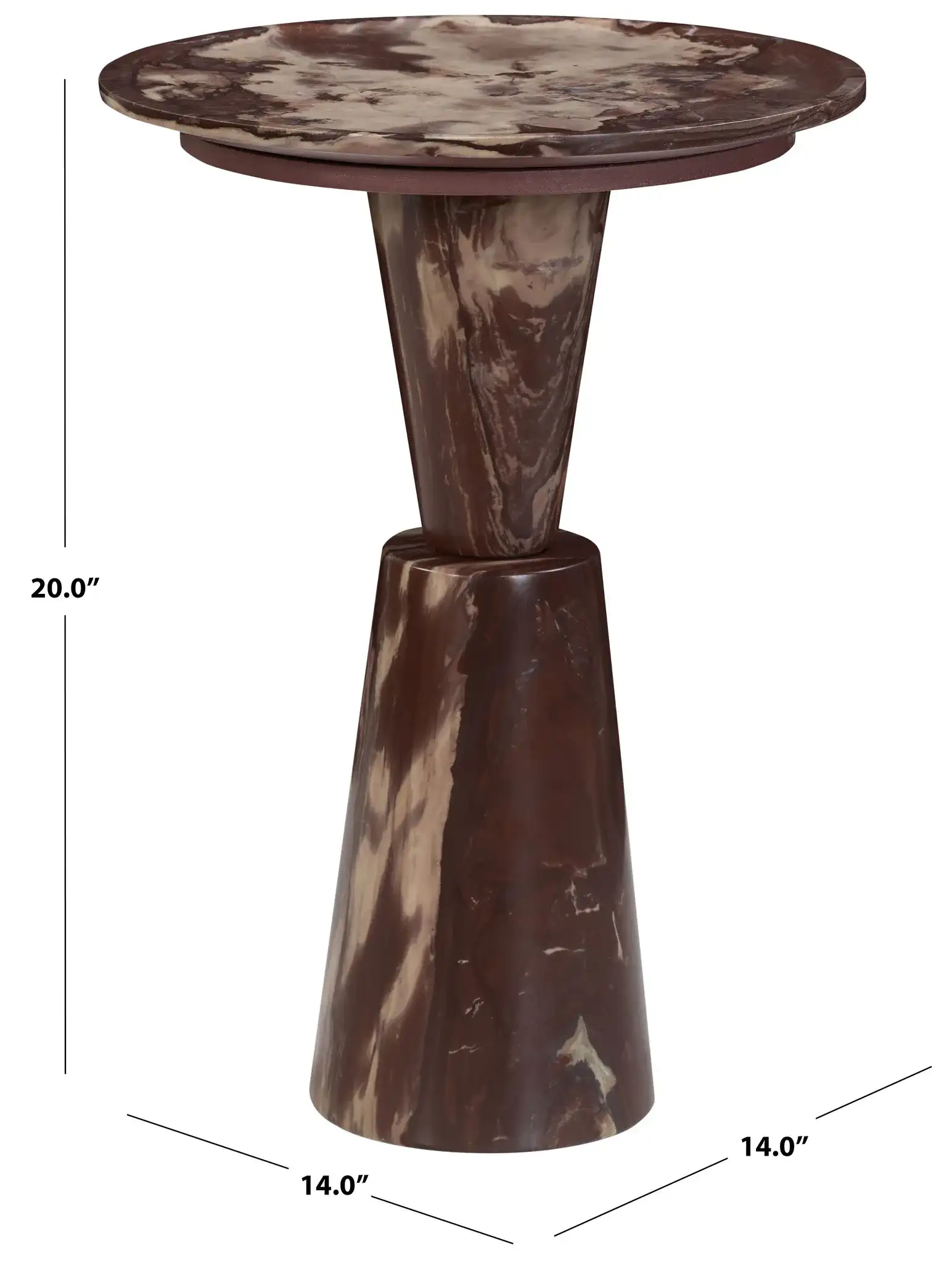 Tatyanna Round Marble Accent Table in Maroon, detail view