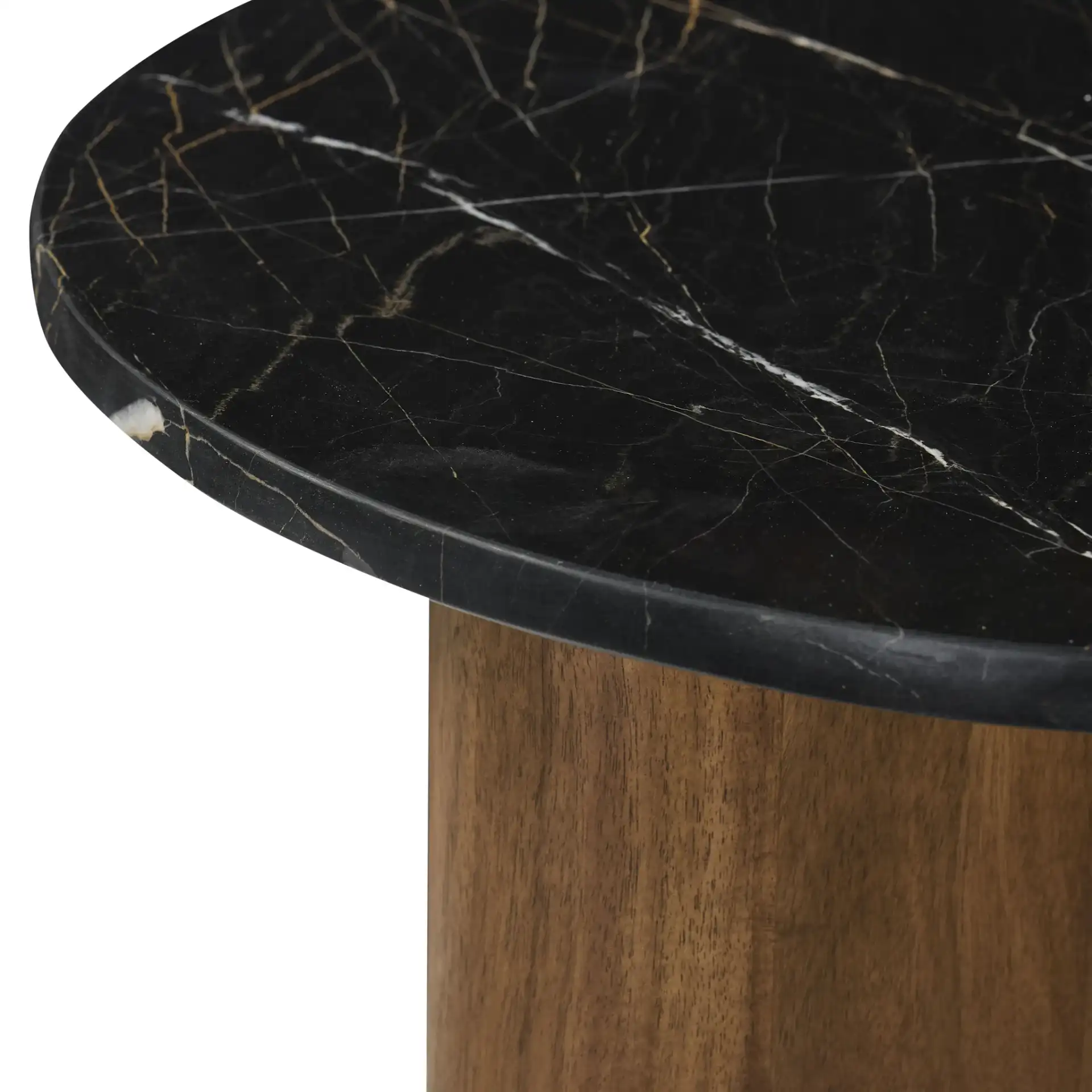 Taralily Round Marble Top Accent Table in Walnut / Black in a styled room