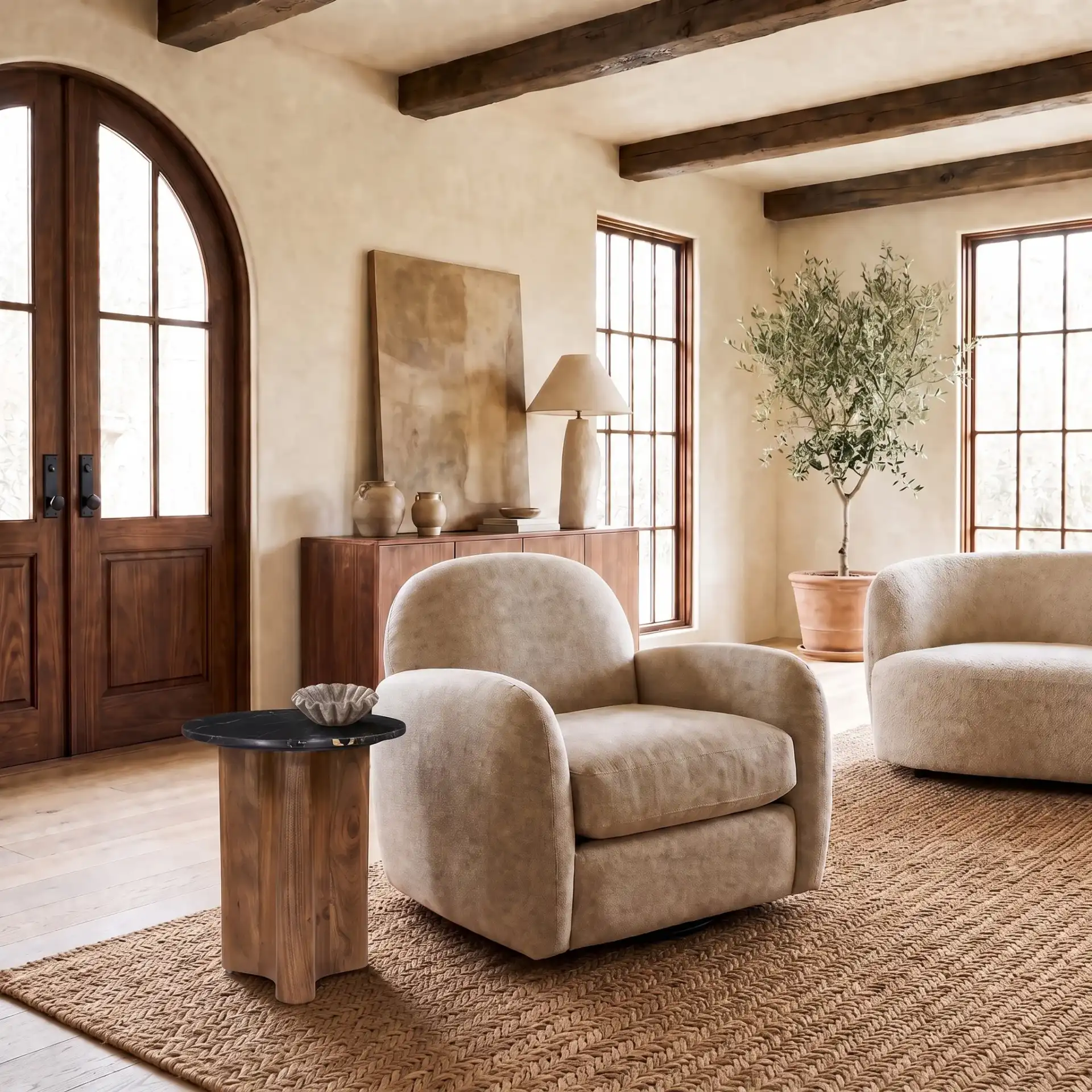 Taralily Round Marble Top Accent Table in Walnut / Black in a styled room