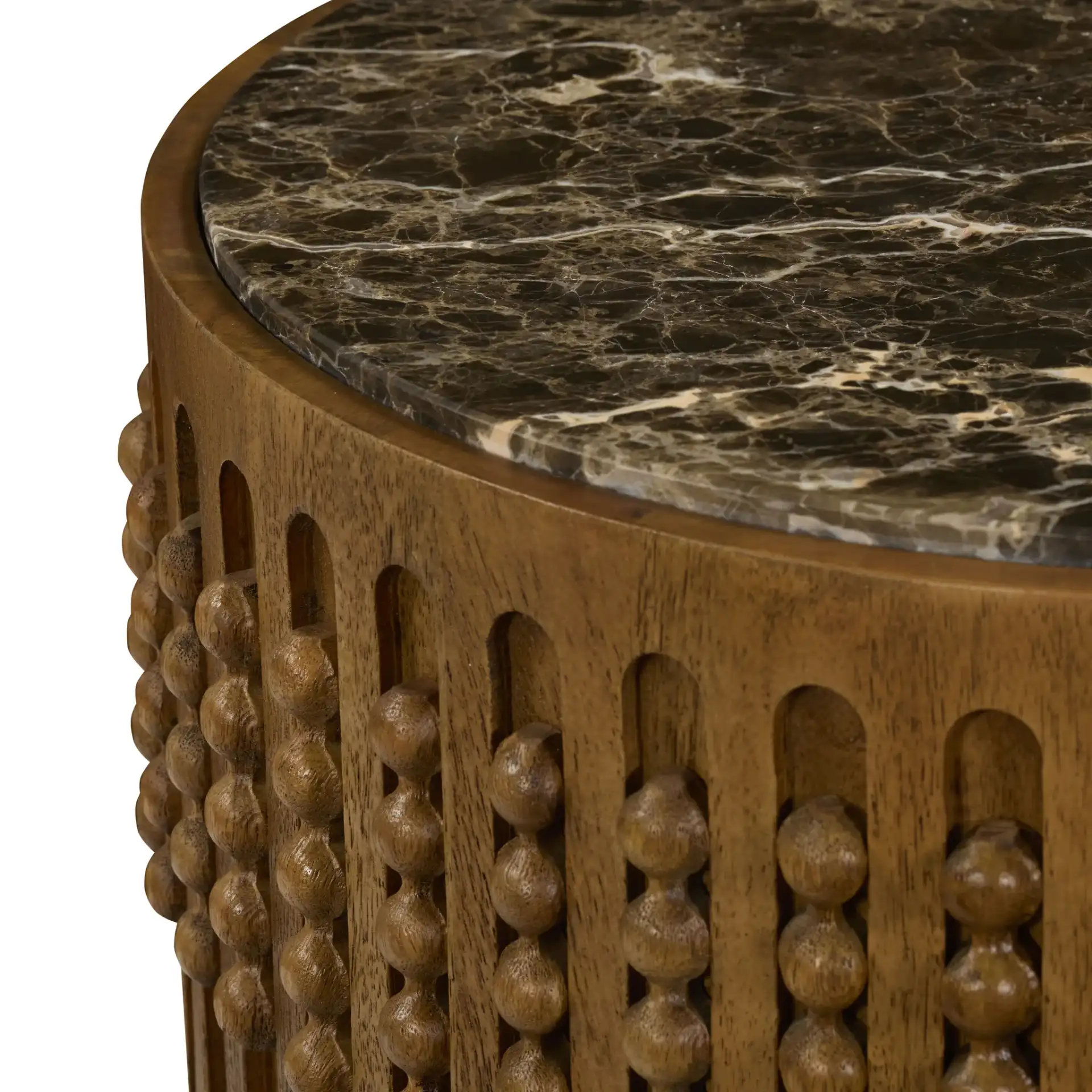 Wesslyn Marble Top Accent Table in Walnut / Dark Brown in a styled room