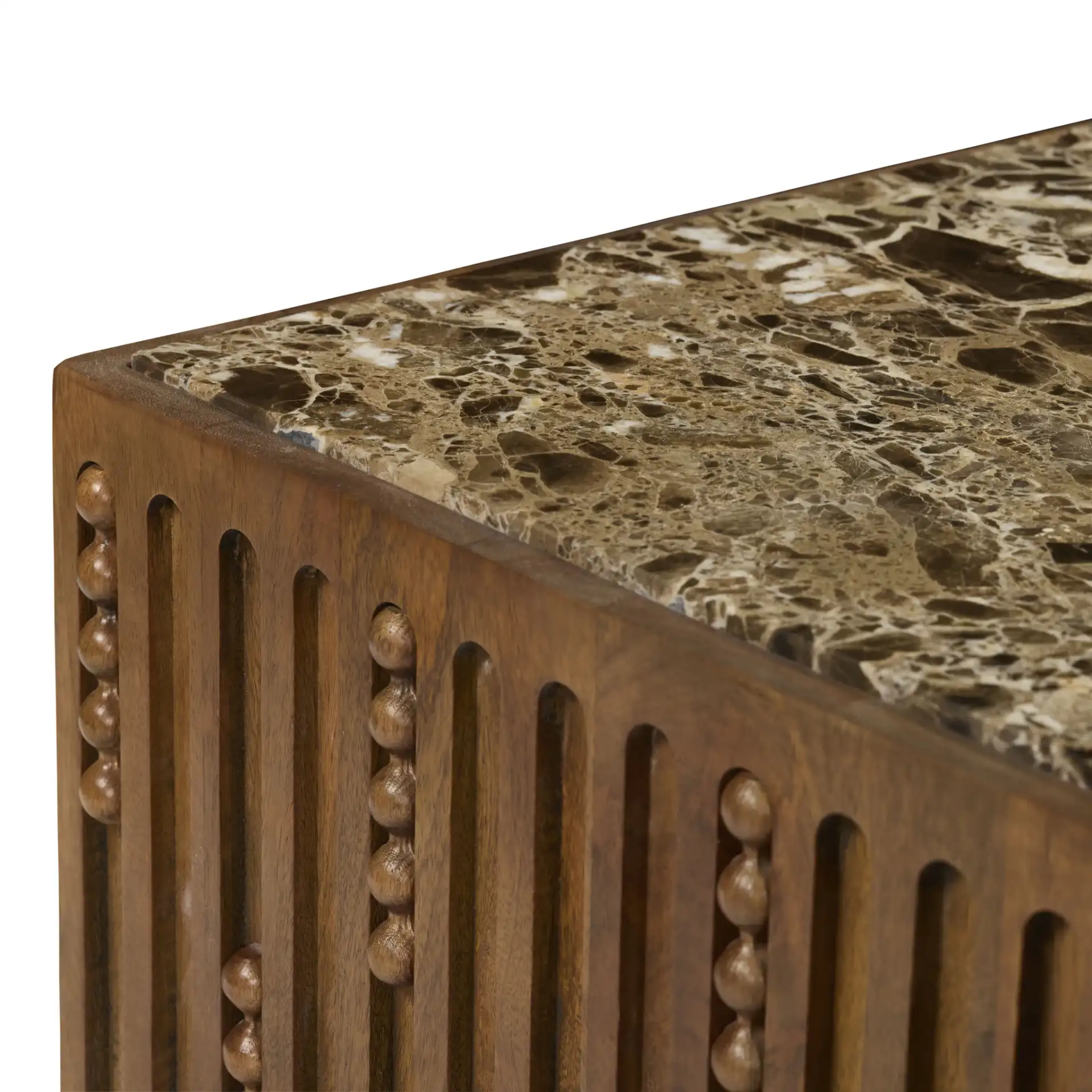 Wesslyn Marble Top Coffee Table in Walnut / Dark Brown in a styled room