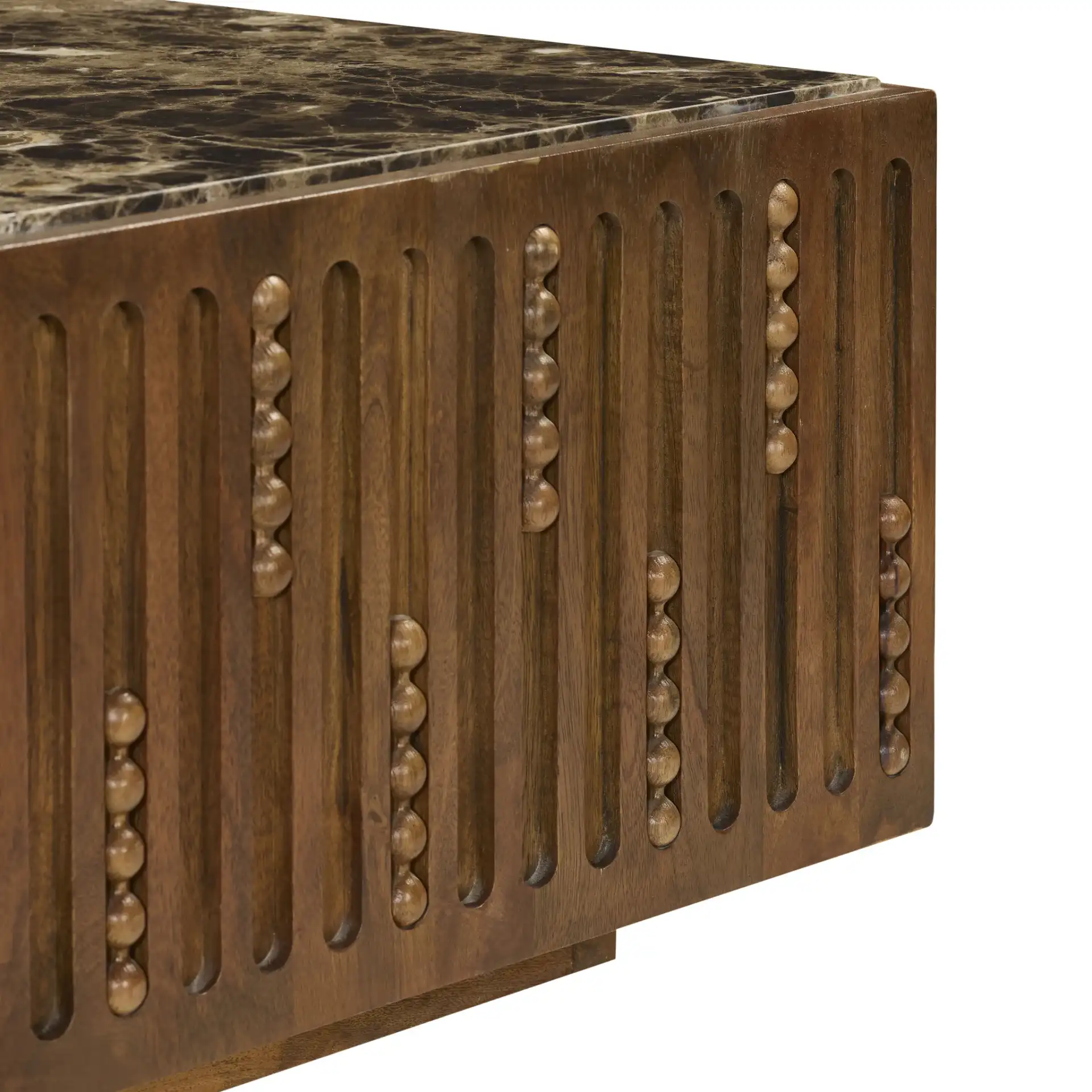 Wesslyn Marble Top Coffee Table in Walnut / Dark Brown in a styled room