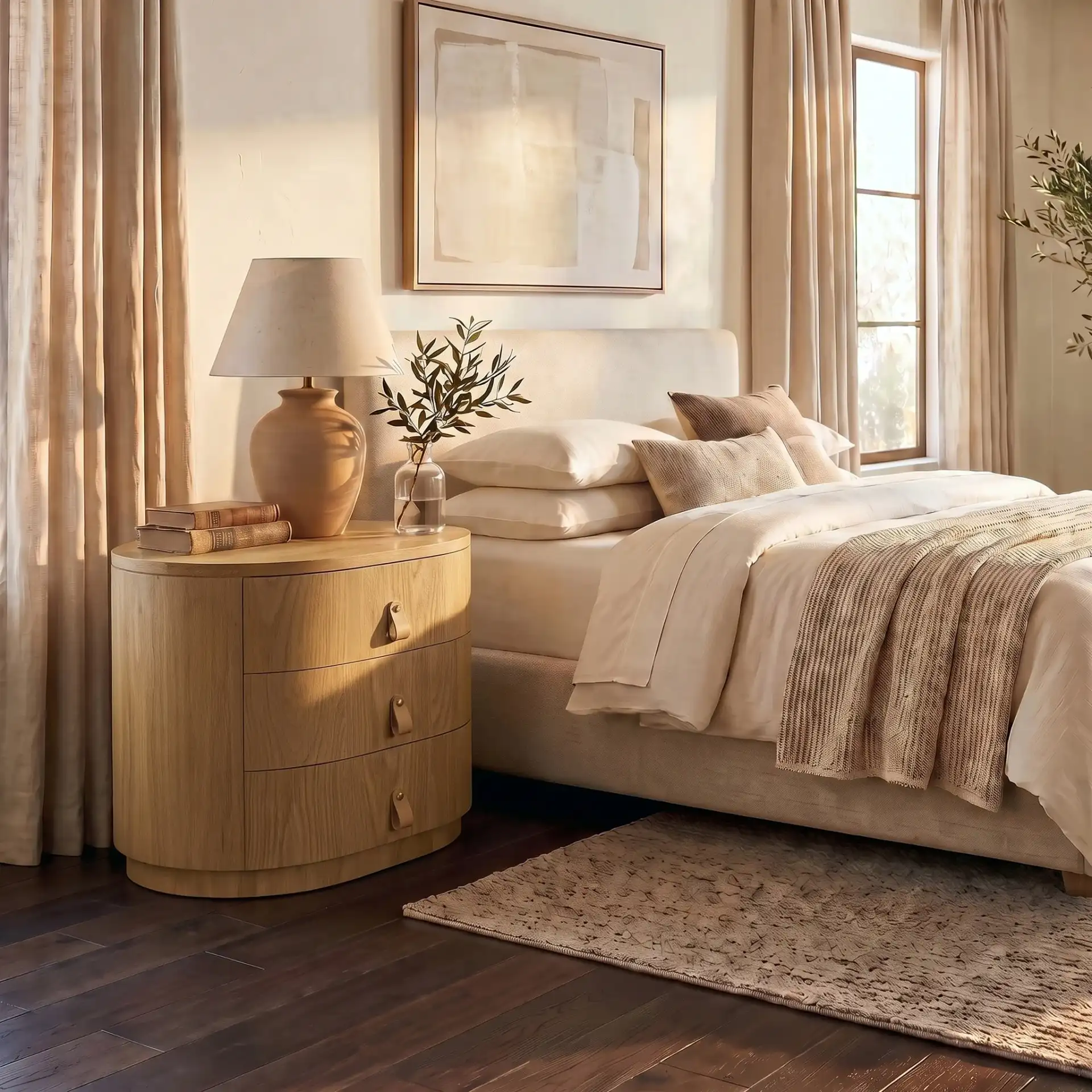 Laurabella Three-Drawer Nightstand in Natural in a styled room