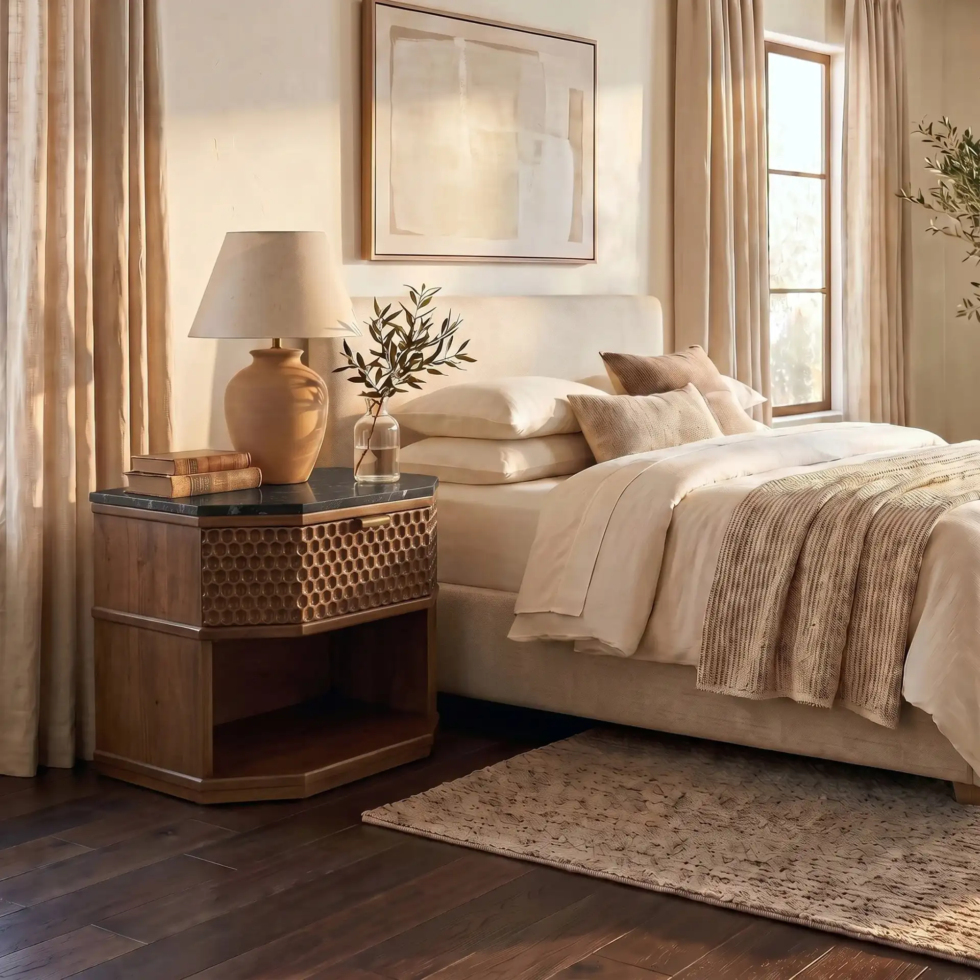 Stellamaria Marble Nightstand in Walnut / Black in a styled room