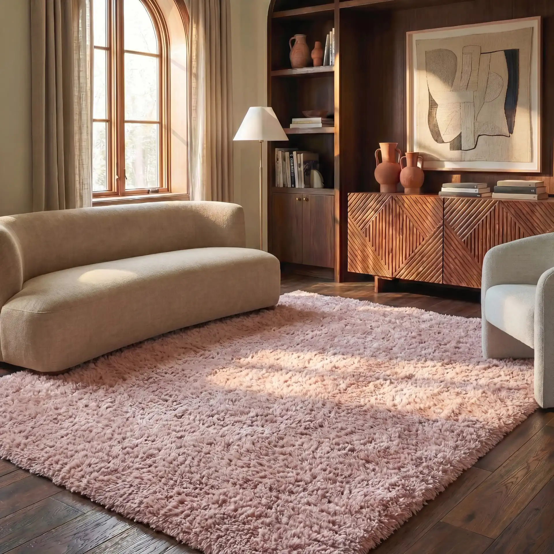 Paris Solid Hand-Tufted Shag Rug in Beige in a styled room