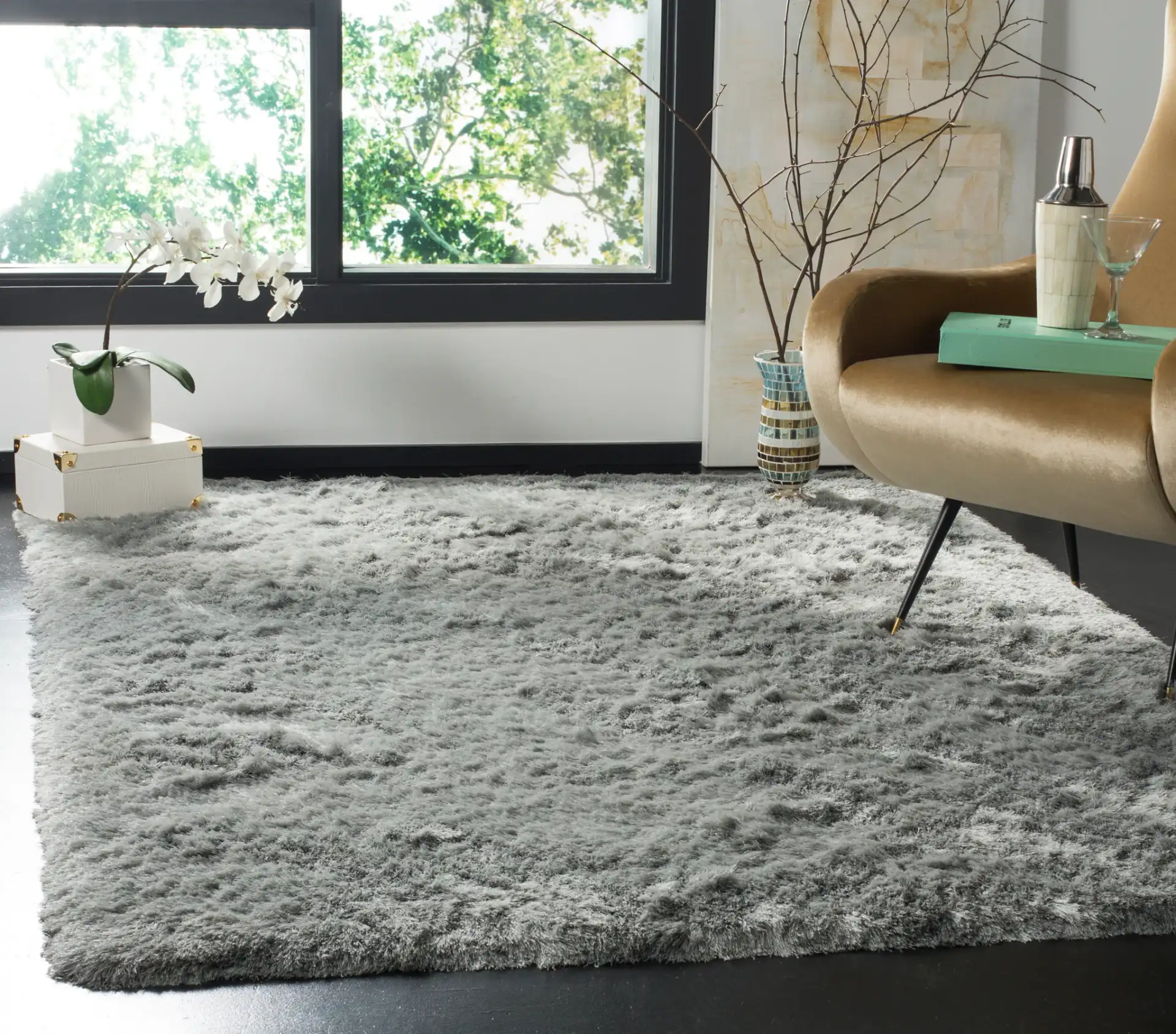 Paris Solid Hand-Tufted Shag Rug in Sage in a styled room