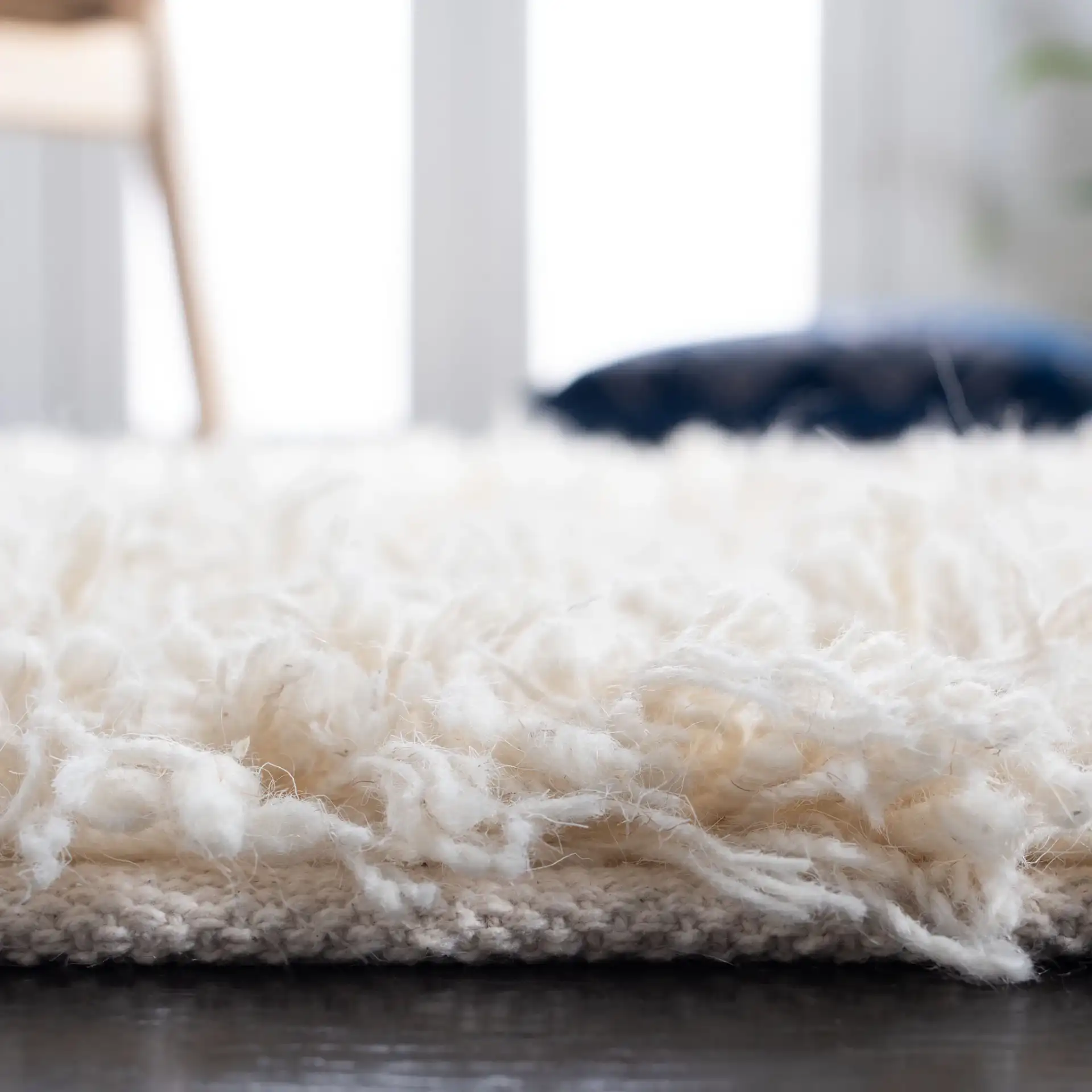 Carmel Solid Hand-Woven Wool Shag Rug in Ivory in a styled room