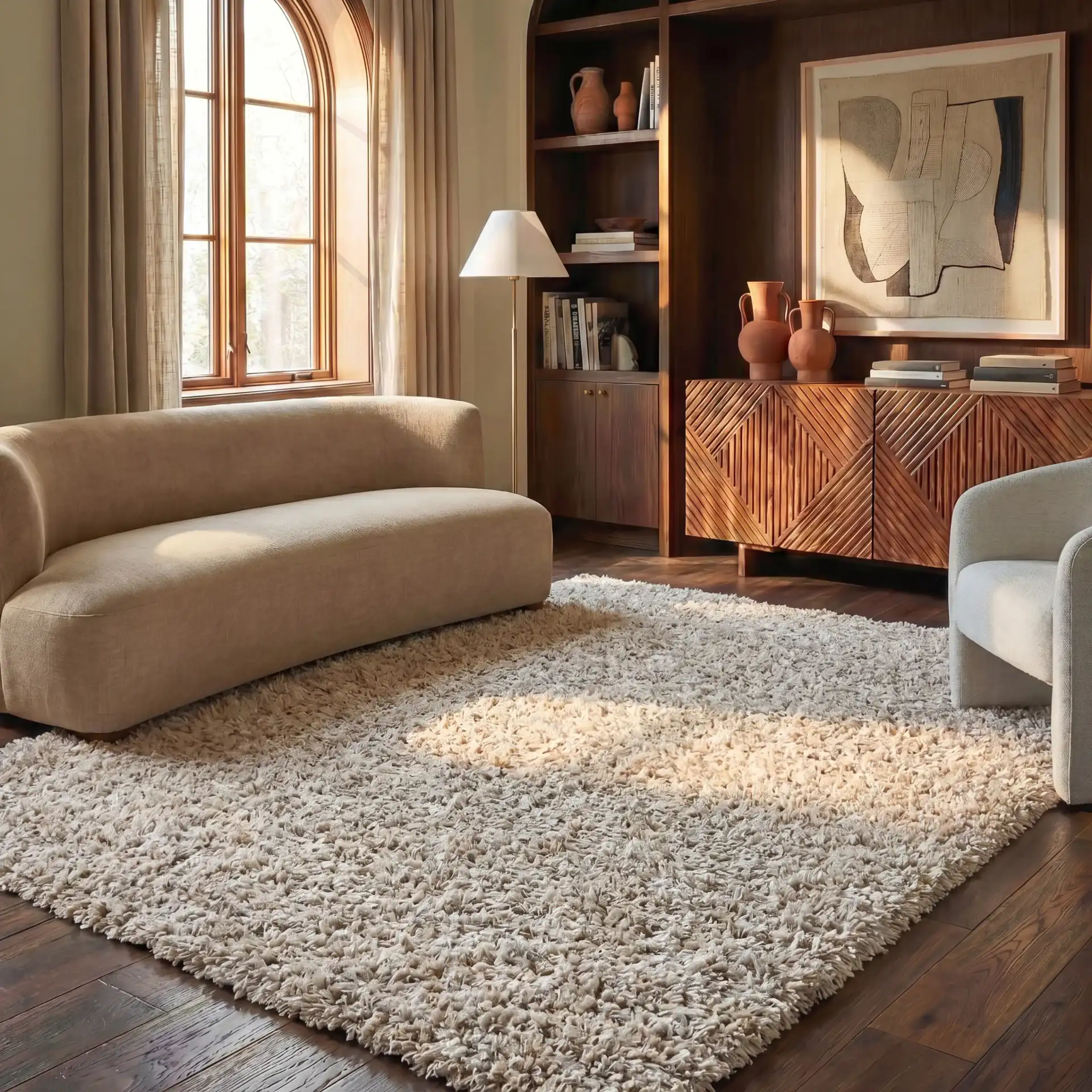 Rio Solid Hand-Loomed Shag Rug in Beige / Ivory in a styled room