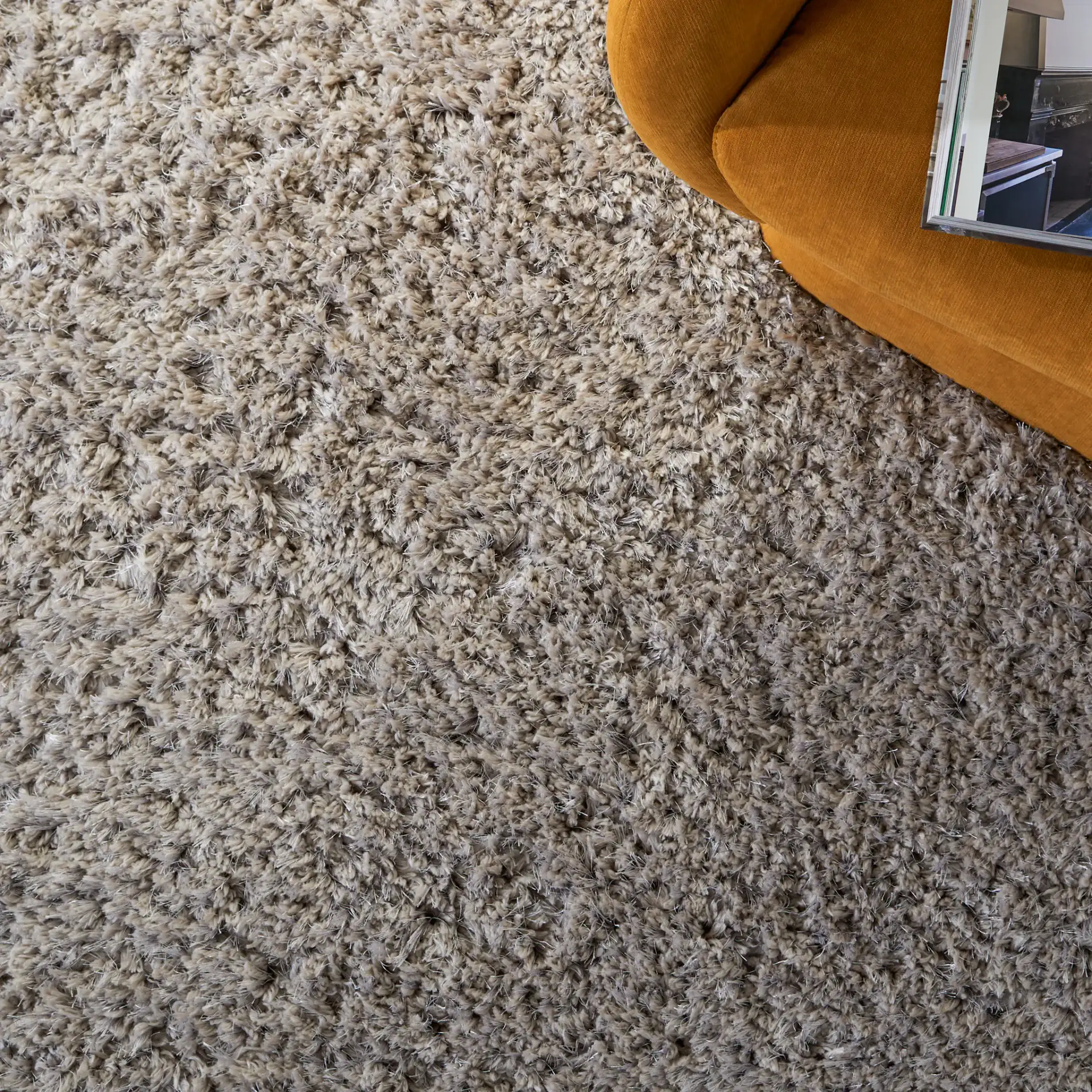 Florence Solid Hand-Tufted Shag Rug in Silver in a styled room