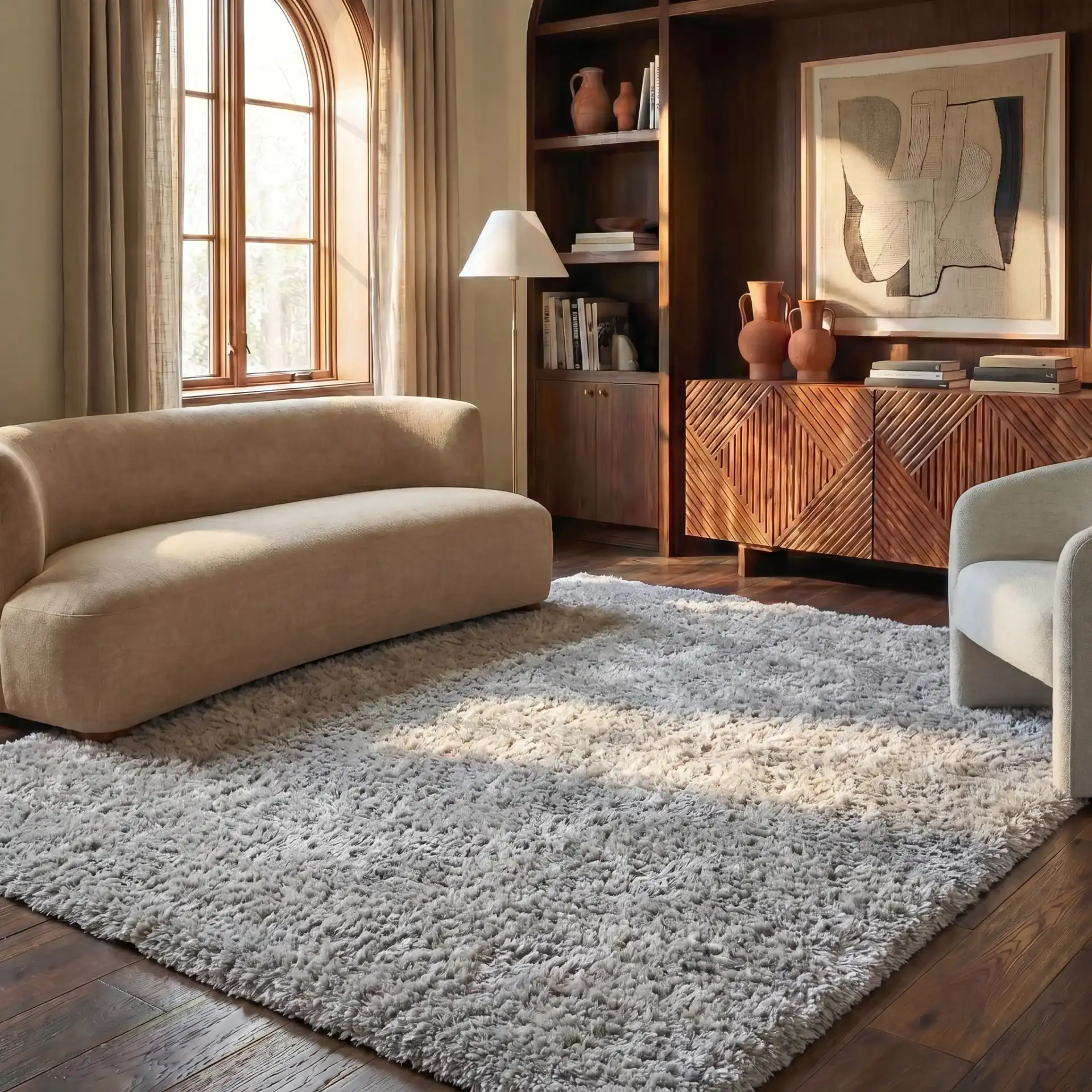 Florence Solid Hand-Tufted Shag Rug in Silver in a styled room