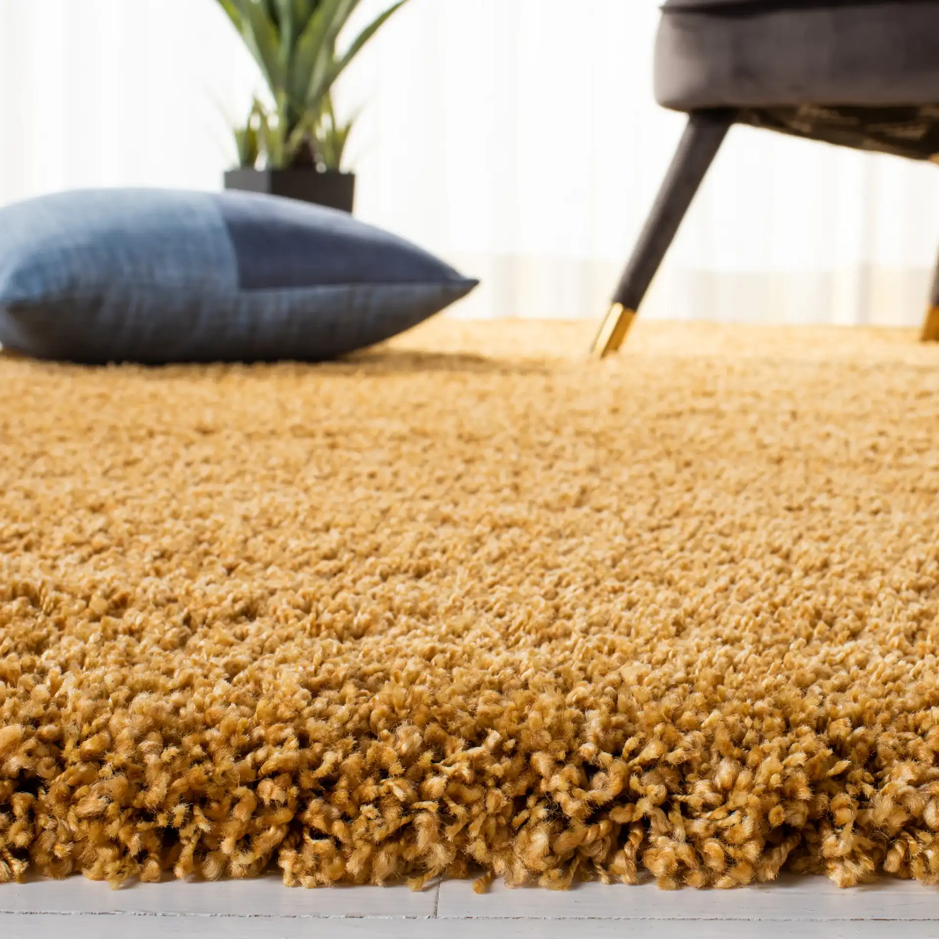 Hudson Solid Shag Rug in Gold in a styled room