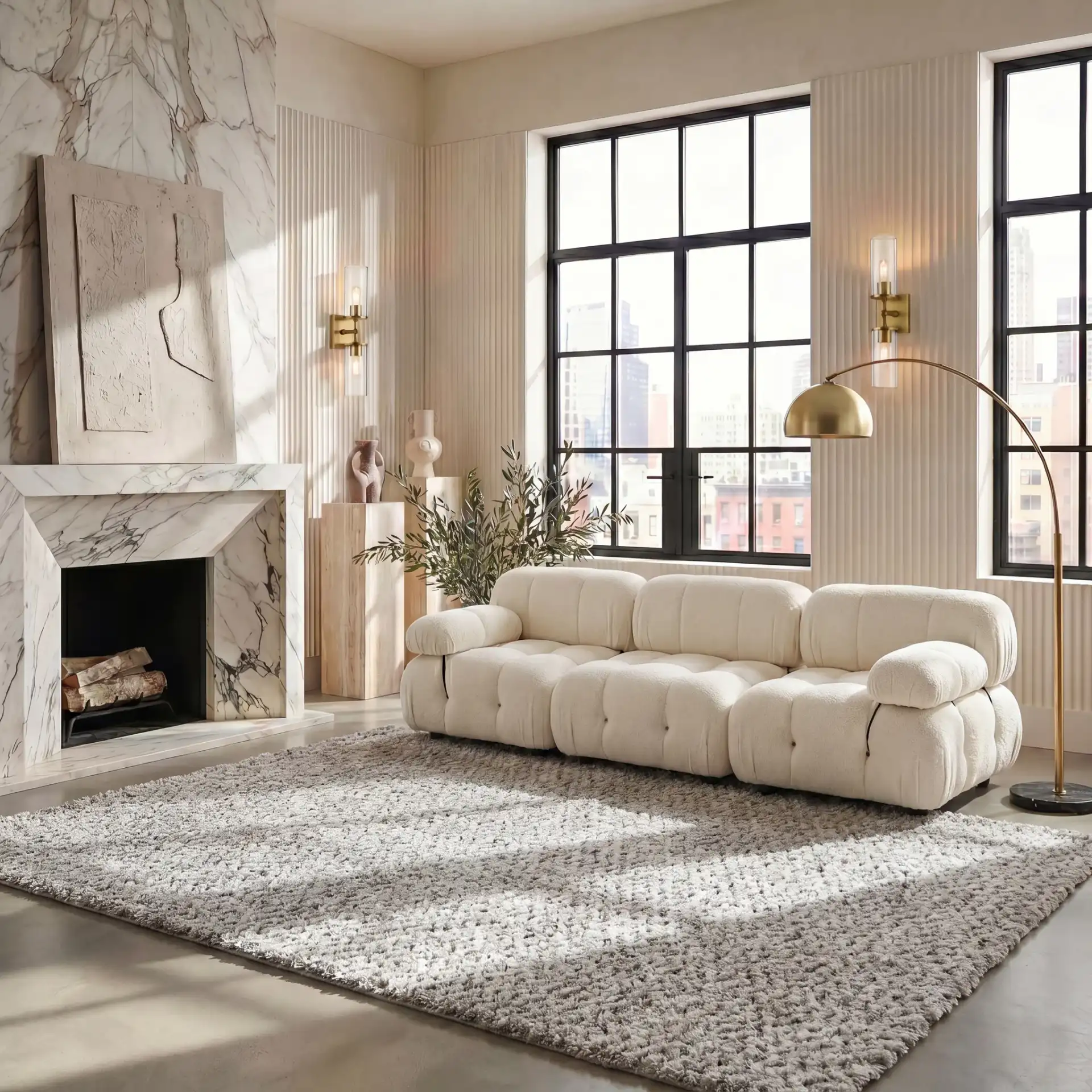 Hudson Textured Shag Rug in Ivory / Gray in a styled room