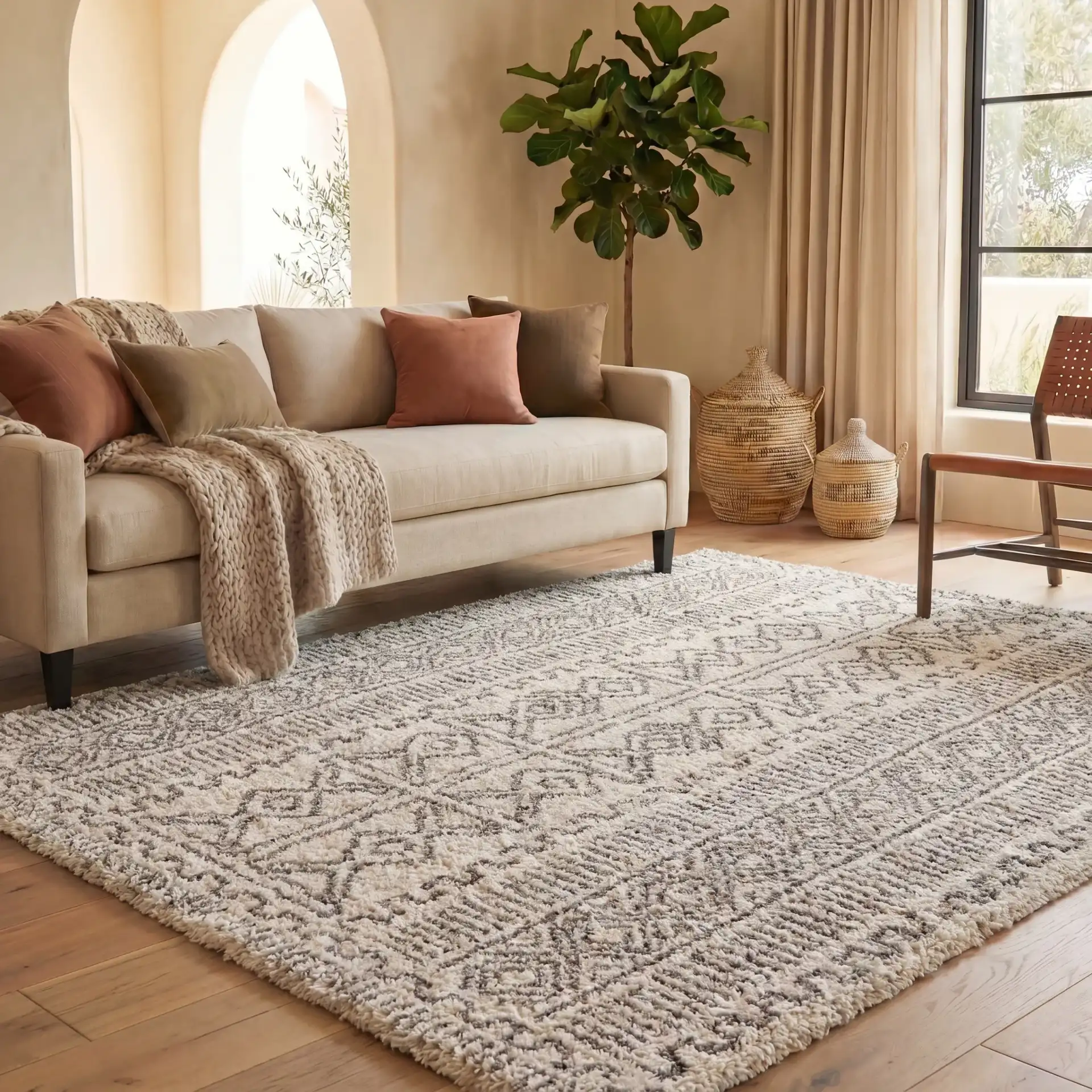 Hudson Banded Diamond Shag Rug in Ivory / Gray in a styled room