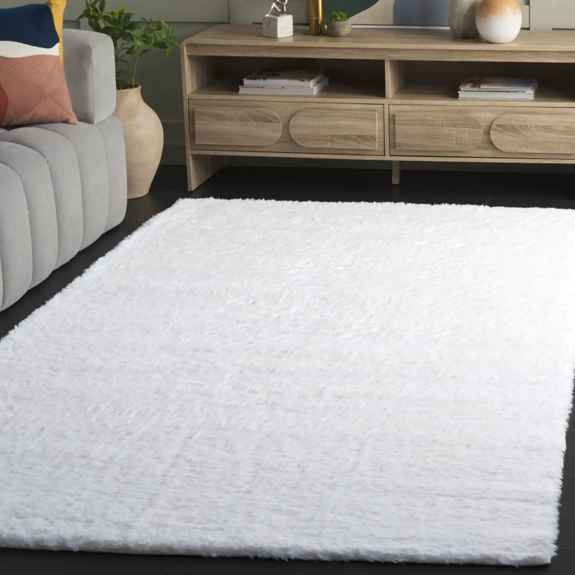 Tokyo Shag Solid Washable Rug in Ivory in a styled room