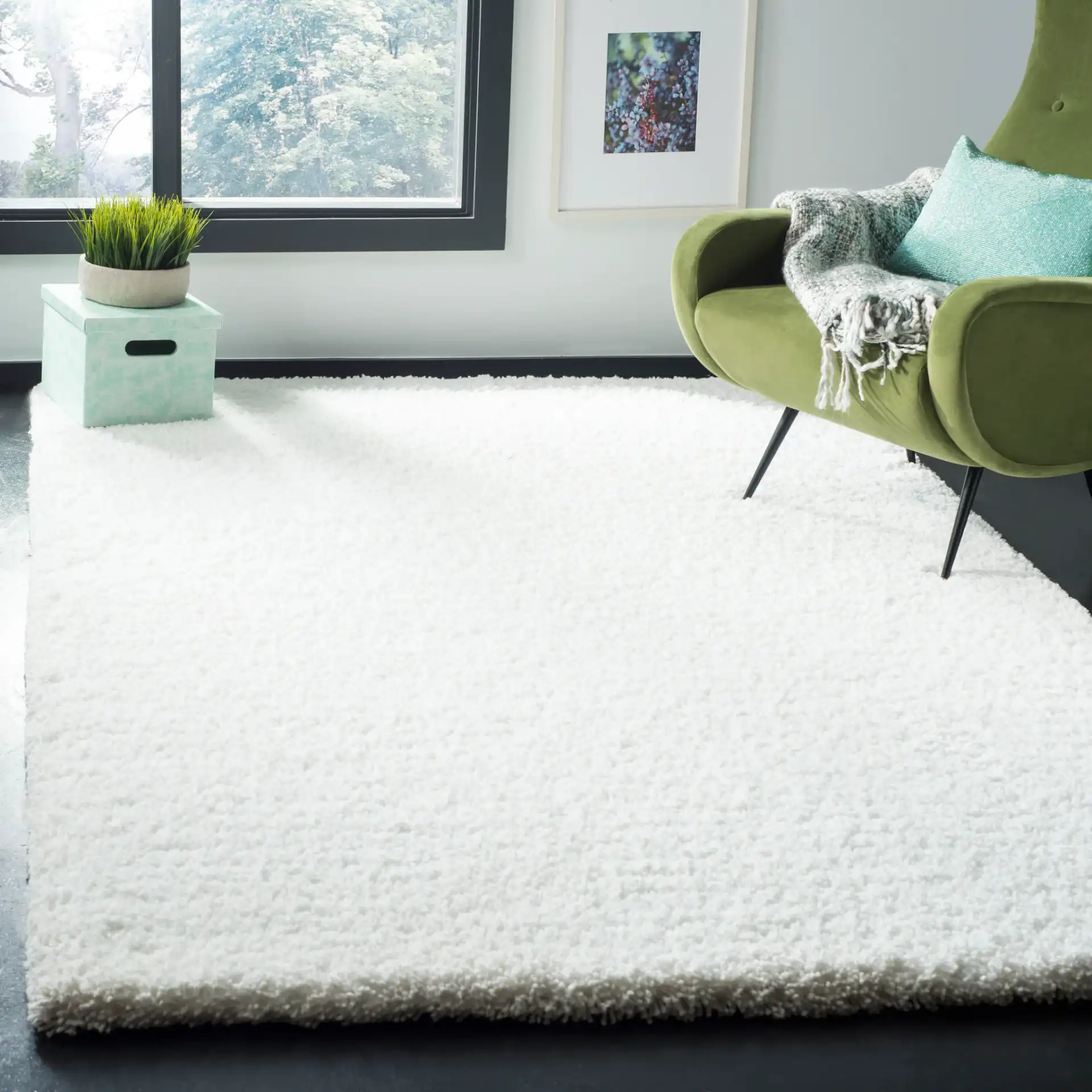 Ultimate Solid Hand-Tufted Shag Rug in Ivory in a styled room