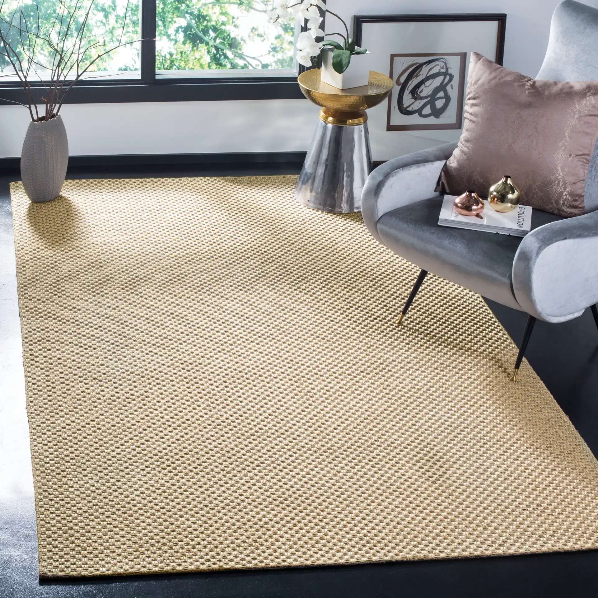 Southampton Basketweave Hand-Woven Rug in Beige in a styled room