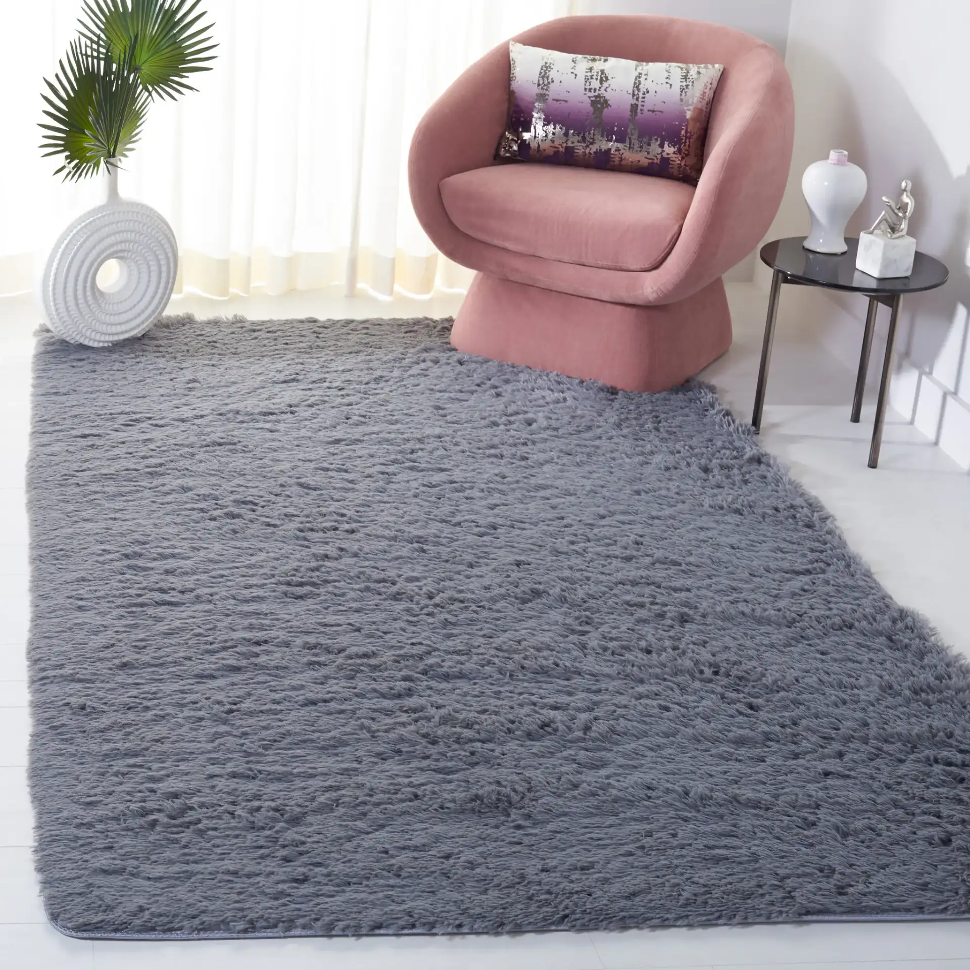 Soho Solid Washable Shag Rug in Dark Gray in a styled room