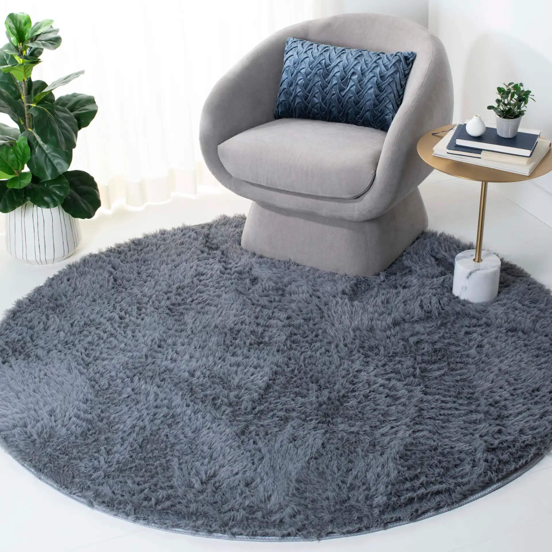 Soho Solid Washable Shag Rug in Dark Gray in a styled room