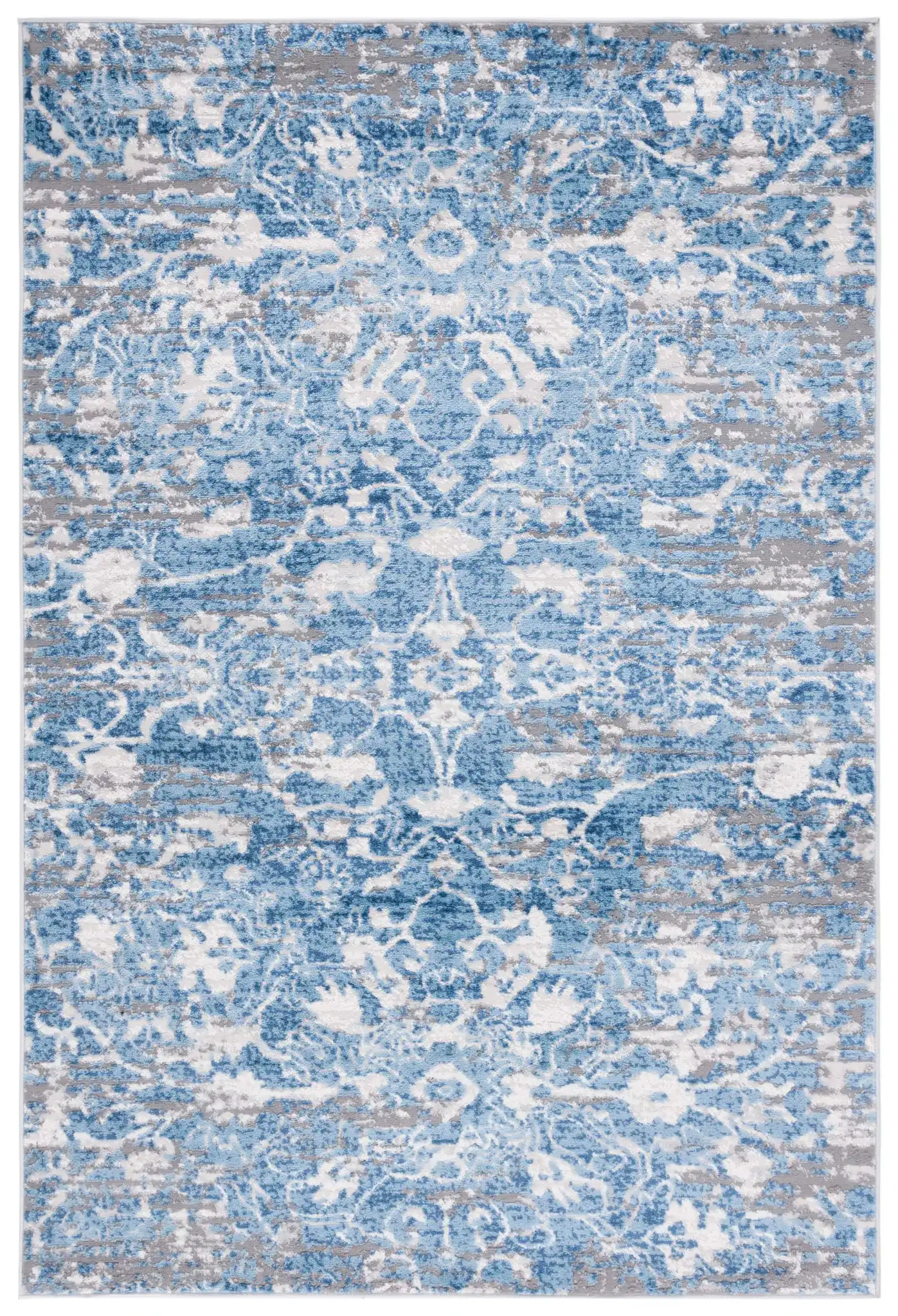 Shivan Distressed Damask Rug in Blue / Ivory