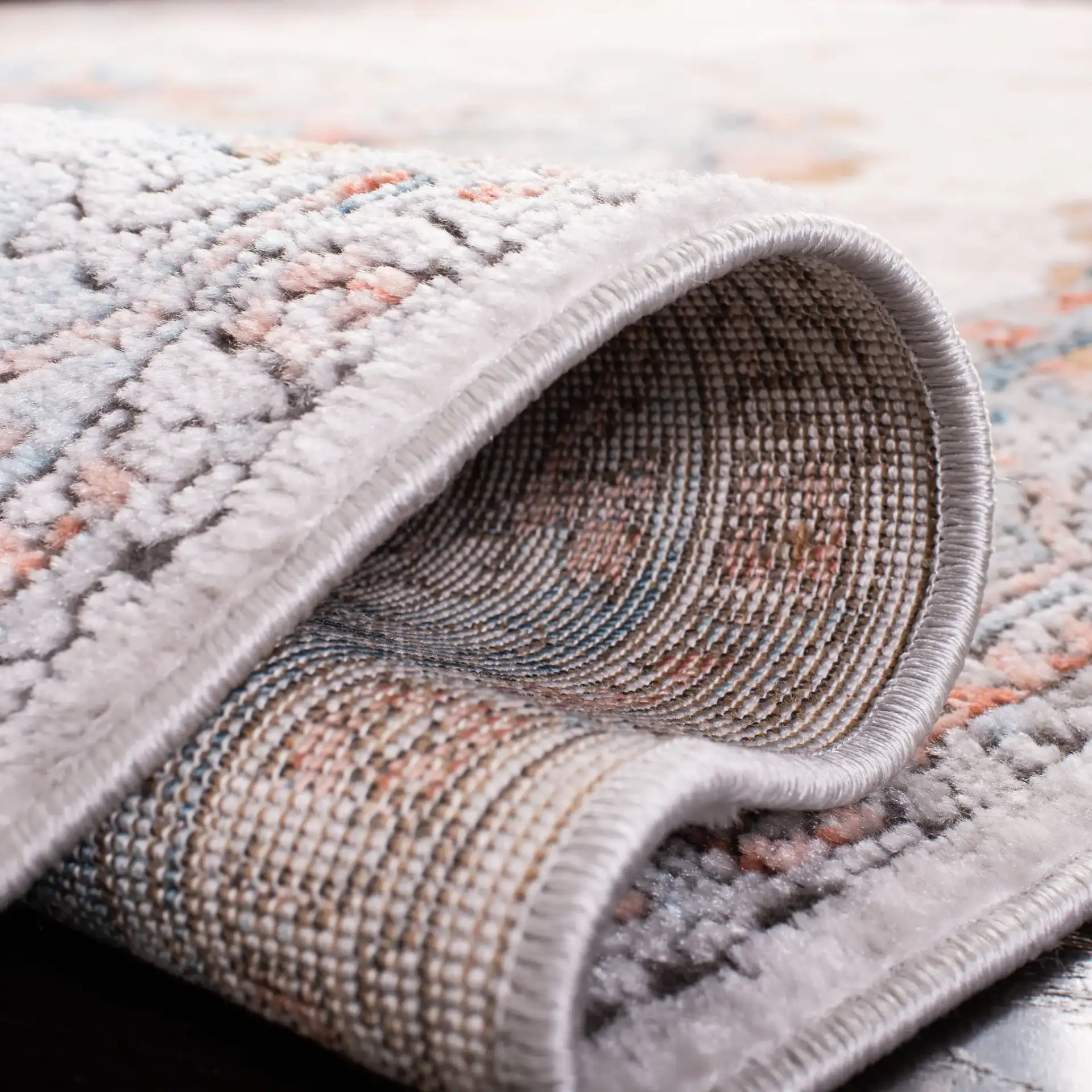 Shivan Medallion Bordered Rug in Gray / Blue in a styled room