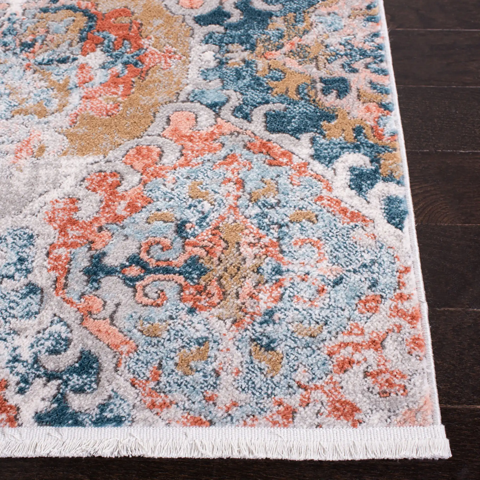 Shivan Medallion Tile Rug in Blue / Rose in a styled room