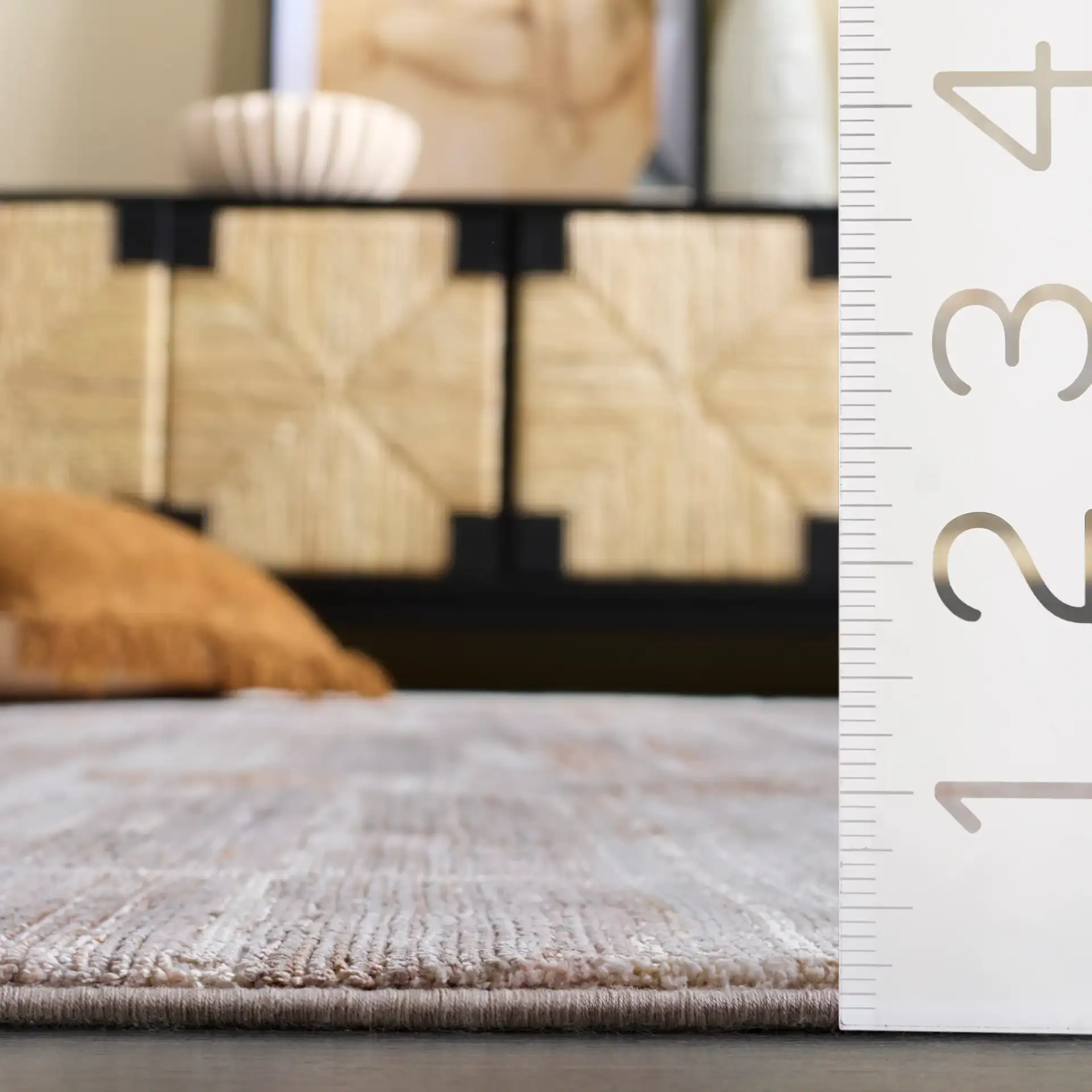 Signature Sloane Abstract Block Rug in Beige / Gray in a styled room