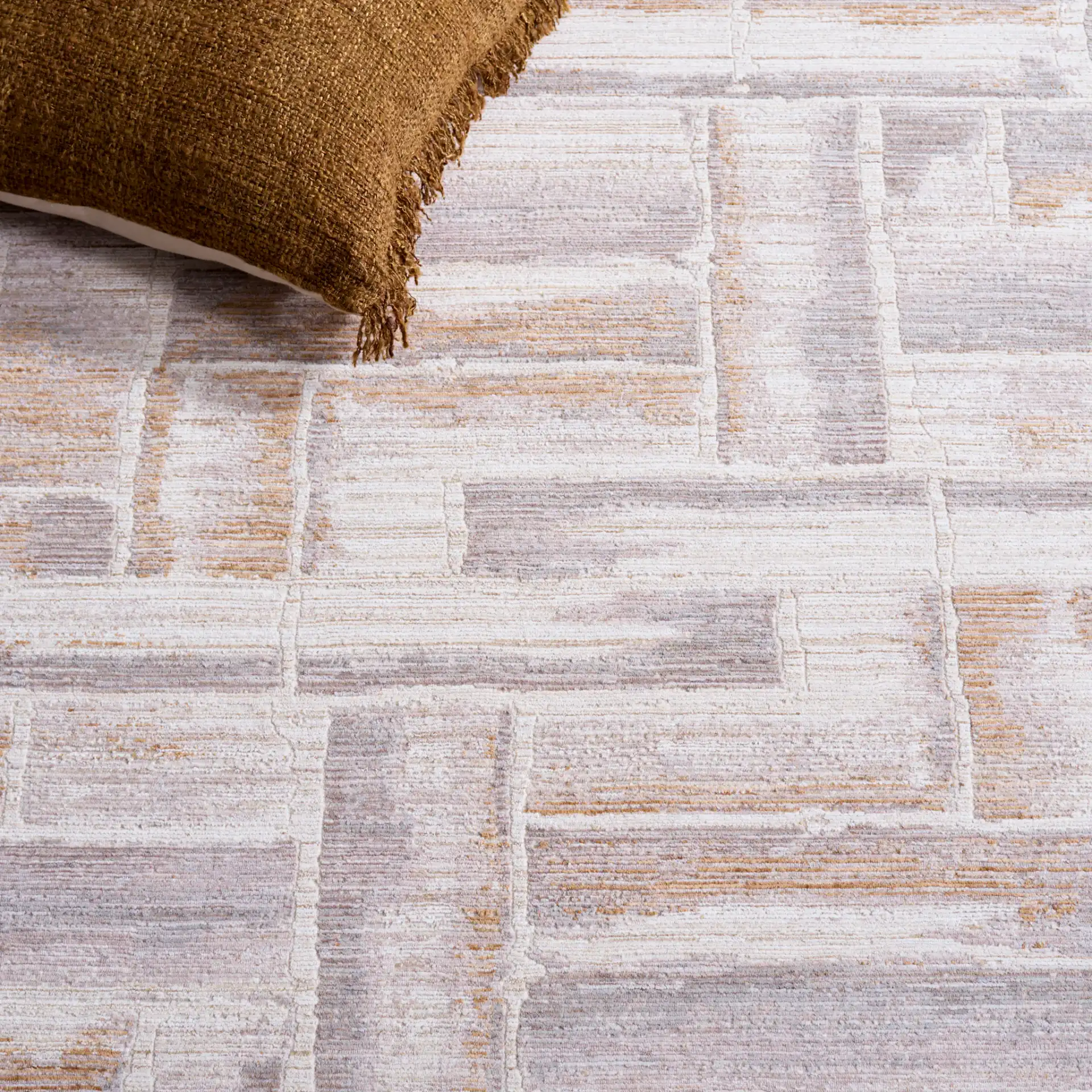 Signature Sloane Abstract Block Rug in Beige / Gray in a styled room