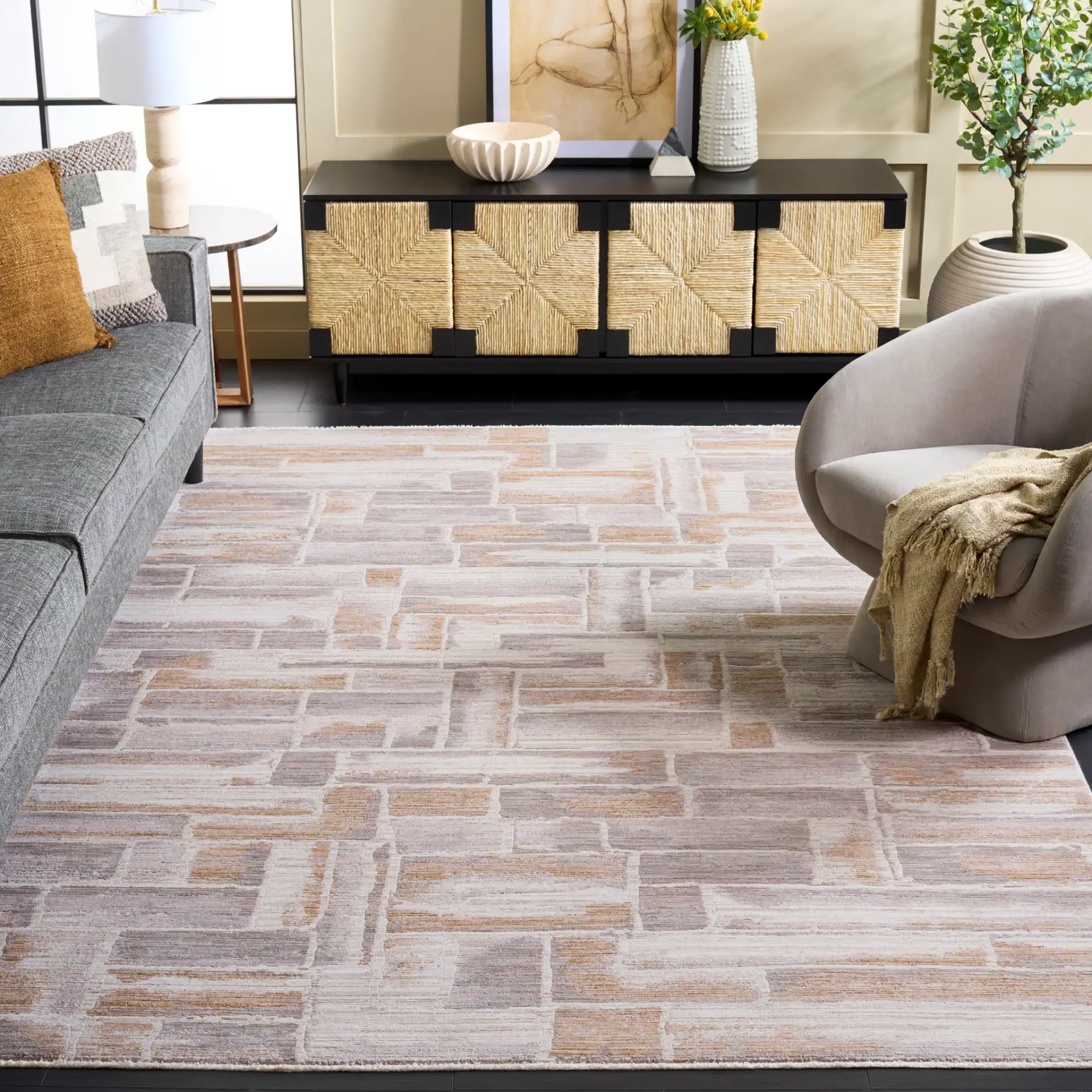 Signature Sloane Abstract Block Rug in Beige / Gray in a styled room