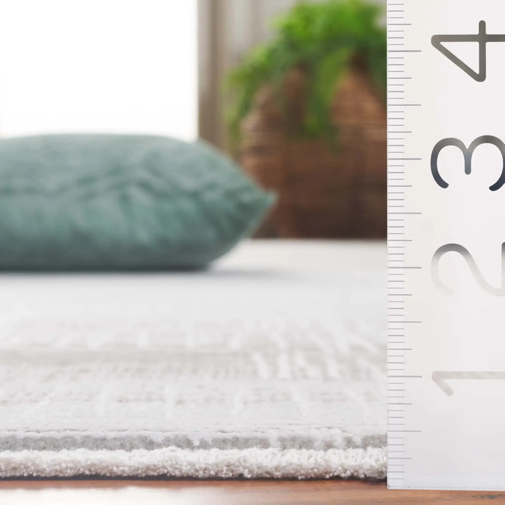 Signature Grid Basketweave Border Rug in Gray / Ivory in a styled room