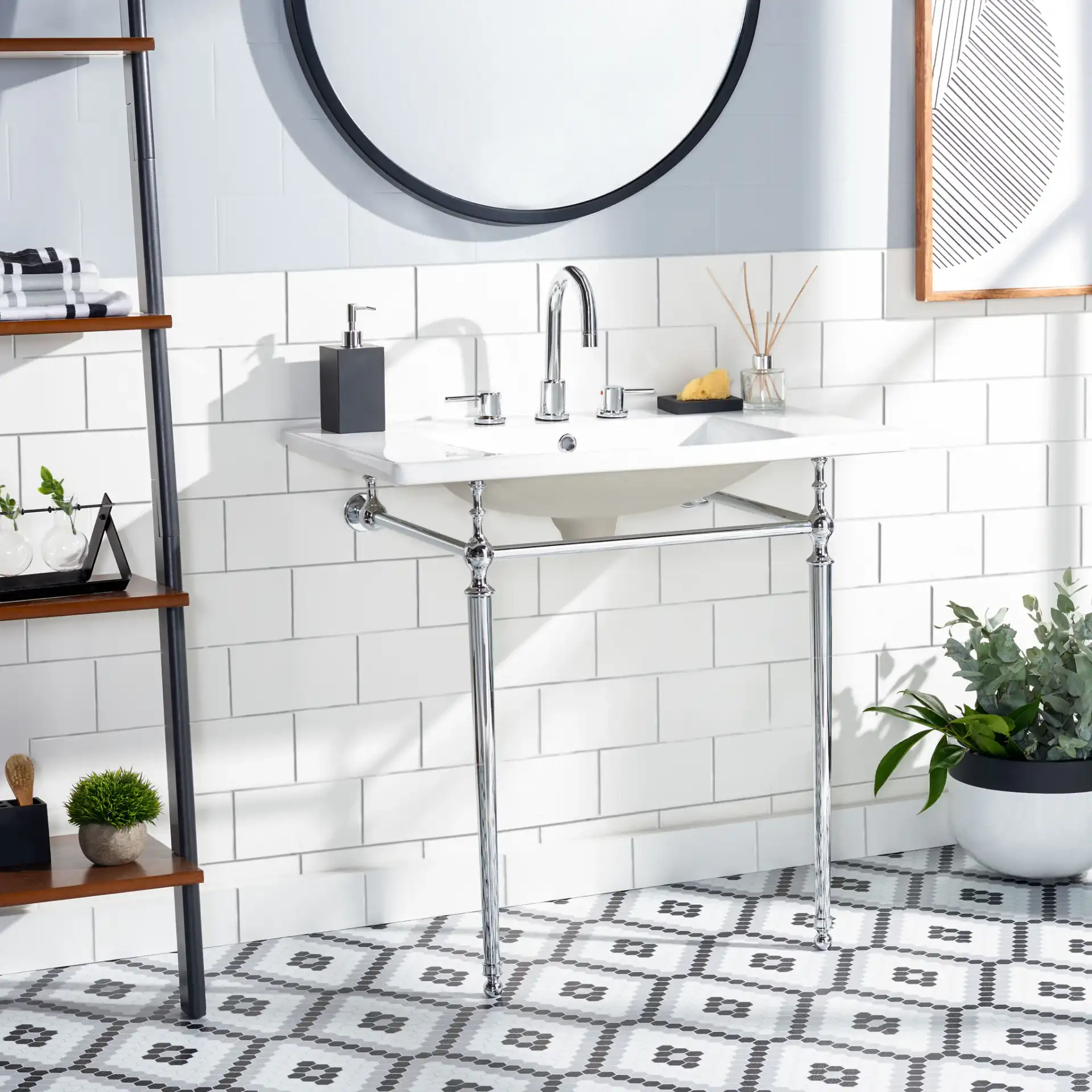 Hamilton Console Sink Stand in Chrome in a styled room