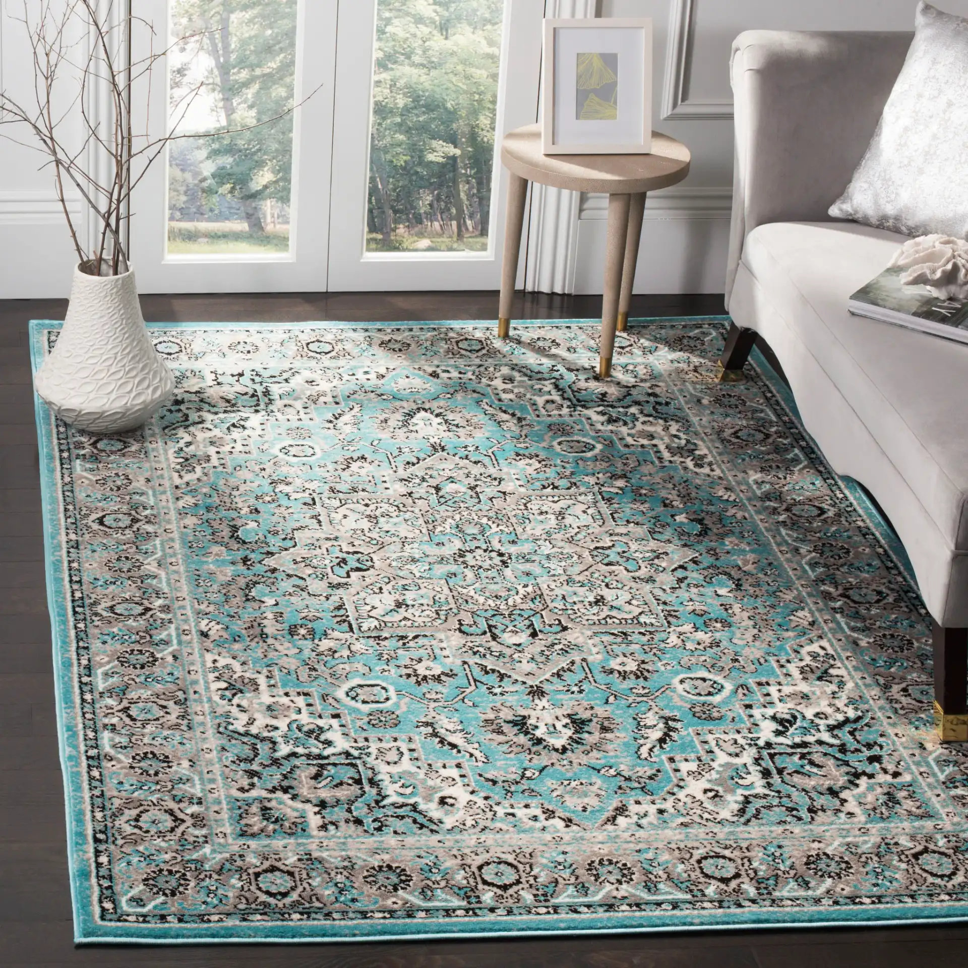 Skyler Medallion Rug in Blue / Ivory in a styled room