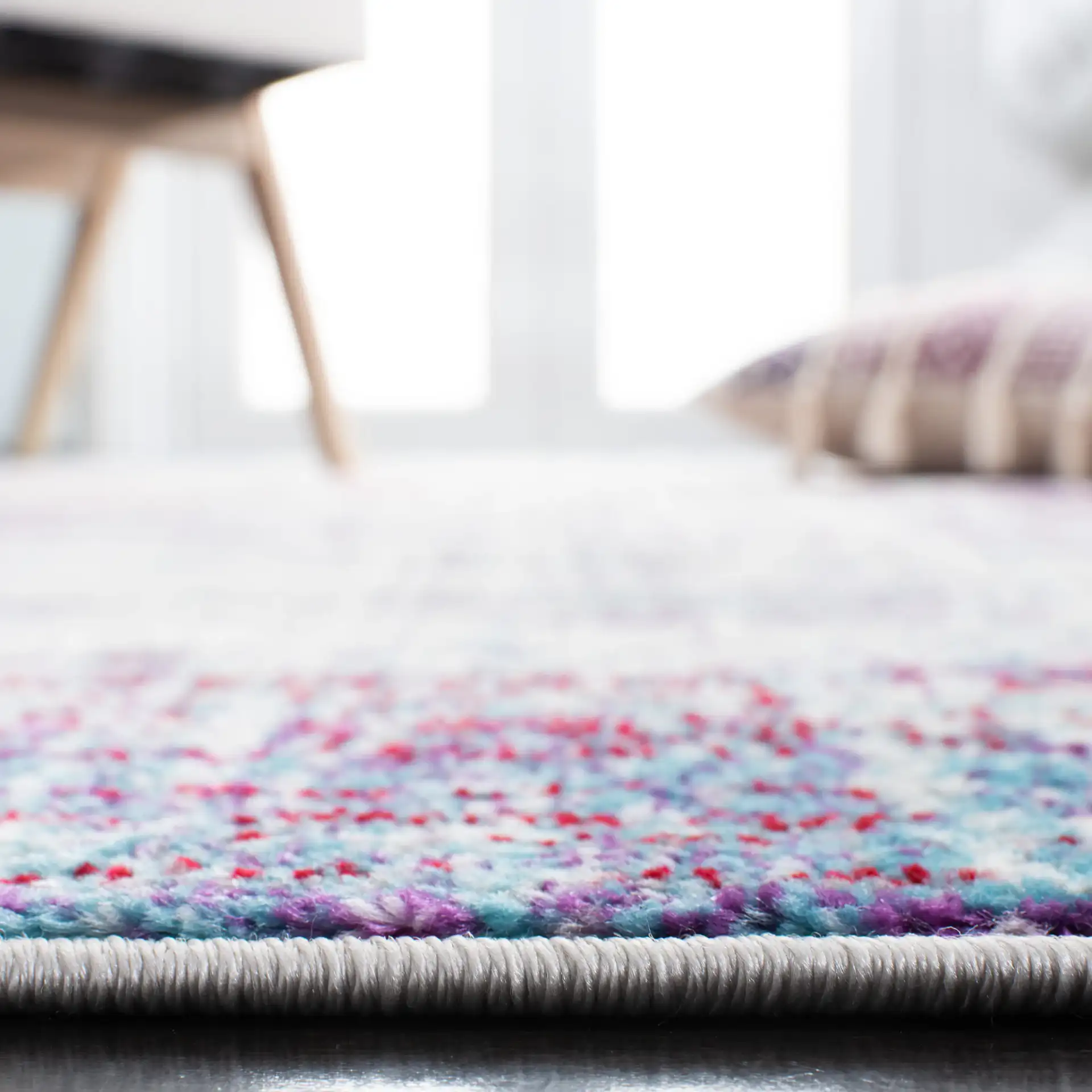 Skyler Abstract Linear Rug in Silver / Purple in a styled room