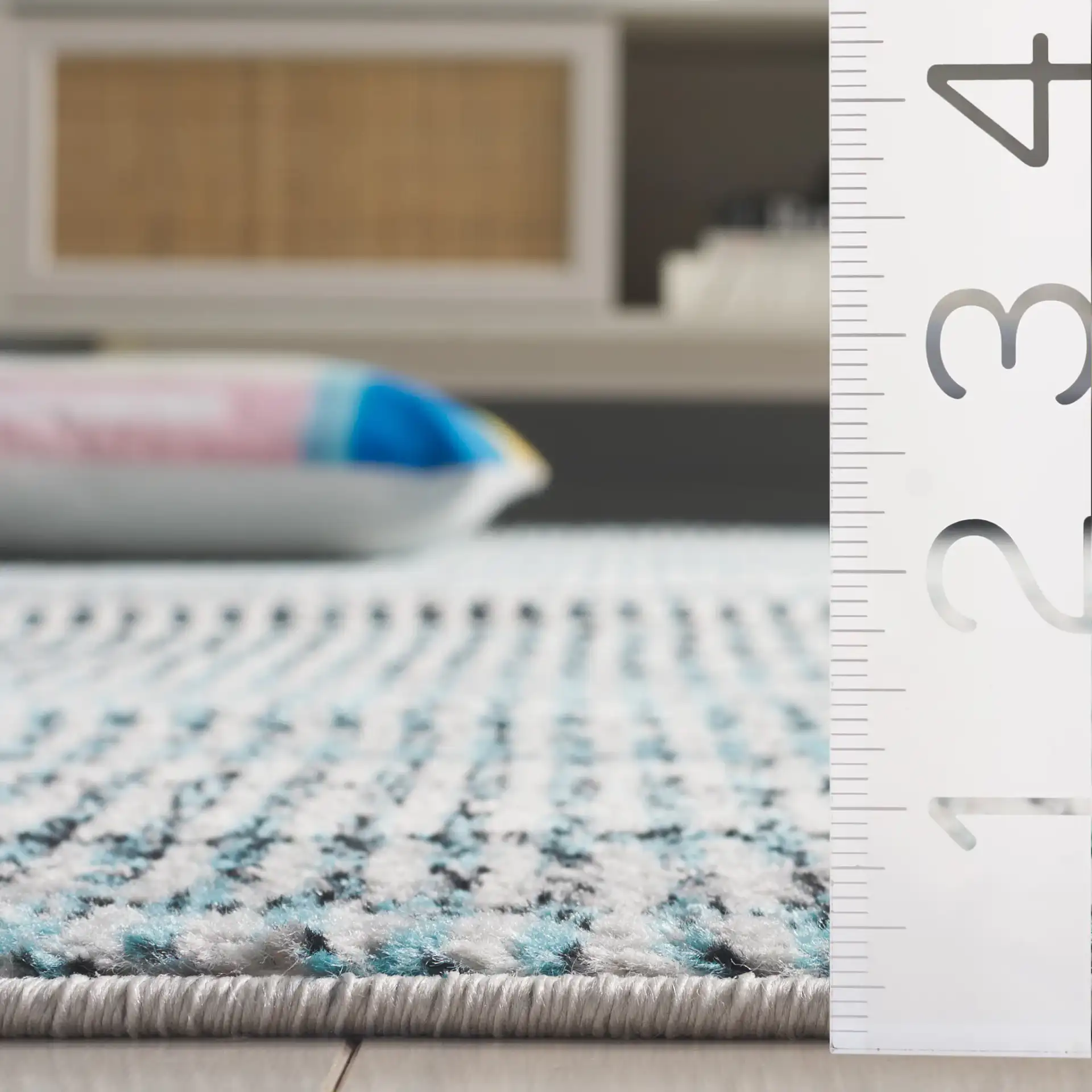 Skyler Dashed Stripe Rug in Blue / Gray in a styled room