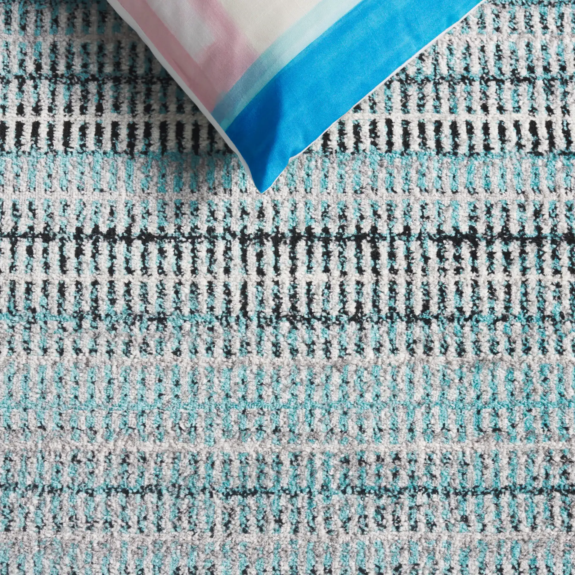 Skyler Dashed Stripe Rug in Blue / Gray in a styled room