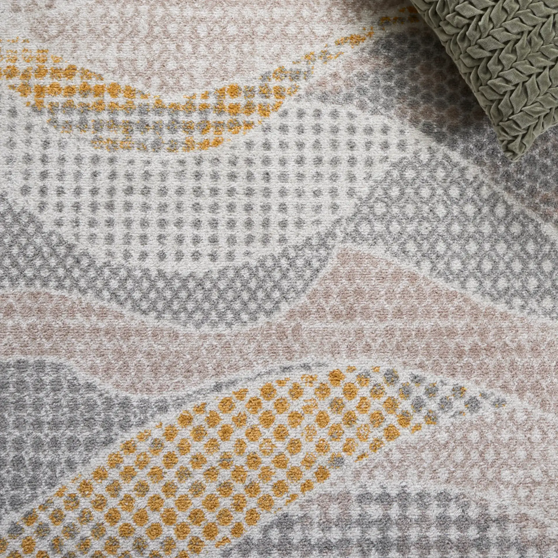 Skyler Dotted Wave Rug in Gray Beige / Gold in a styled room