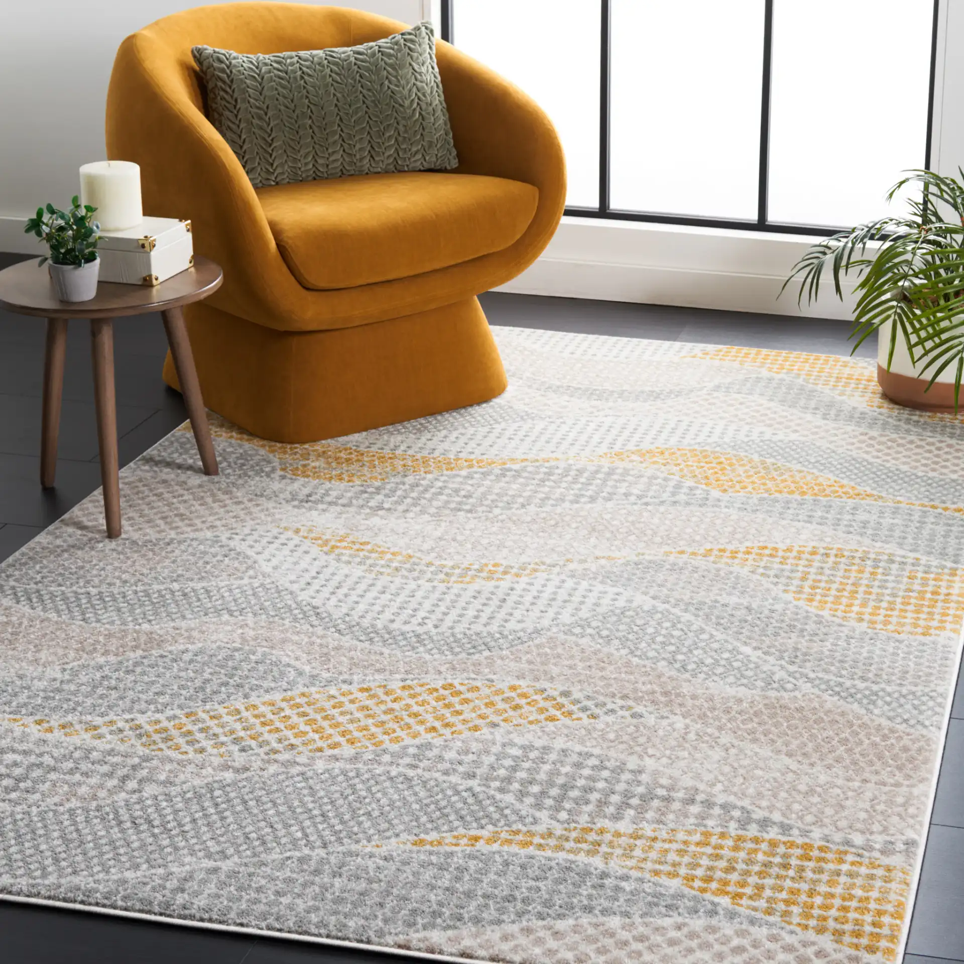 Skyler Dotted Wave Rug in Gray Beige / Gold in a styled room
