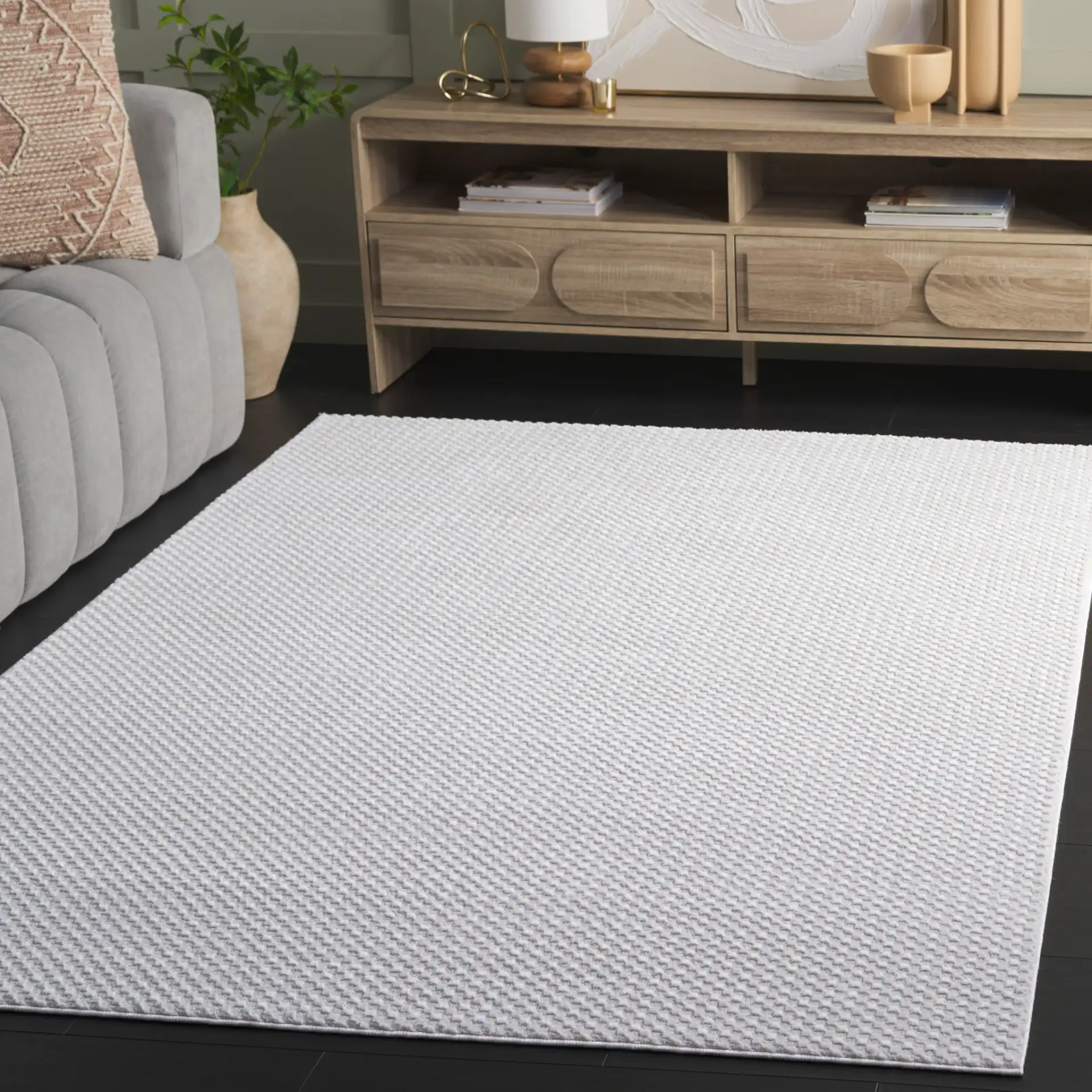 Slate Textured Grid Rug in Taupe / Ivory in a styled room