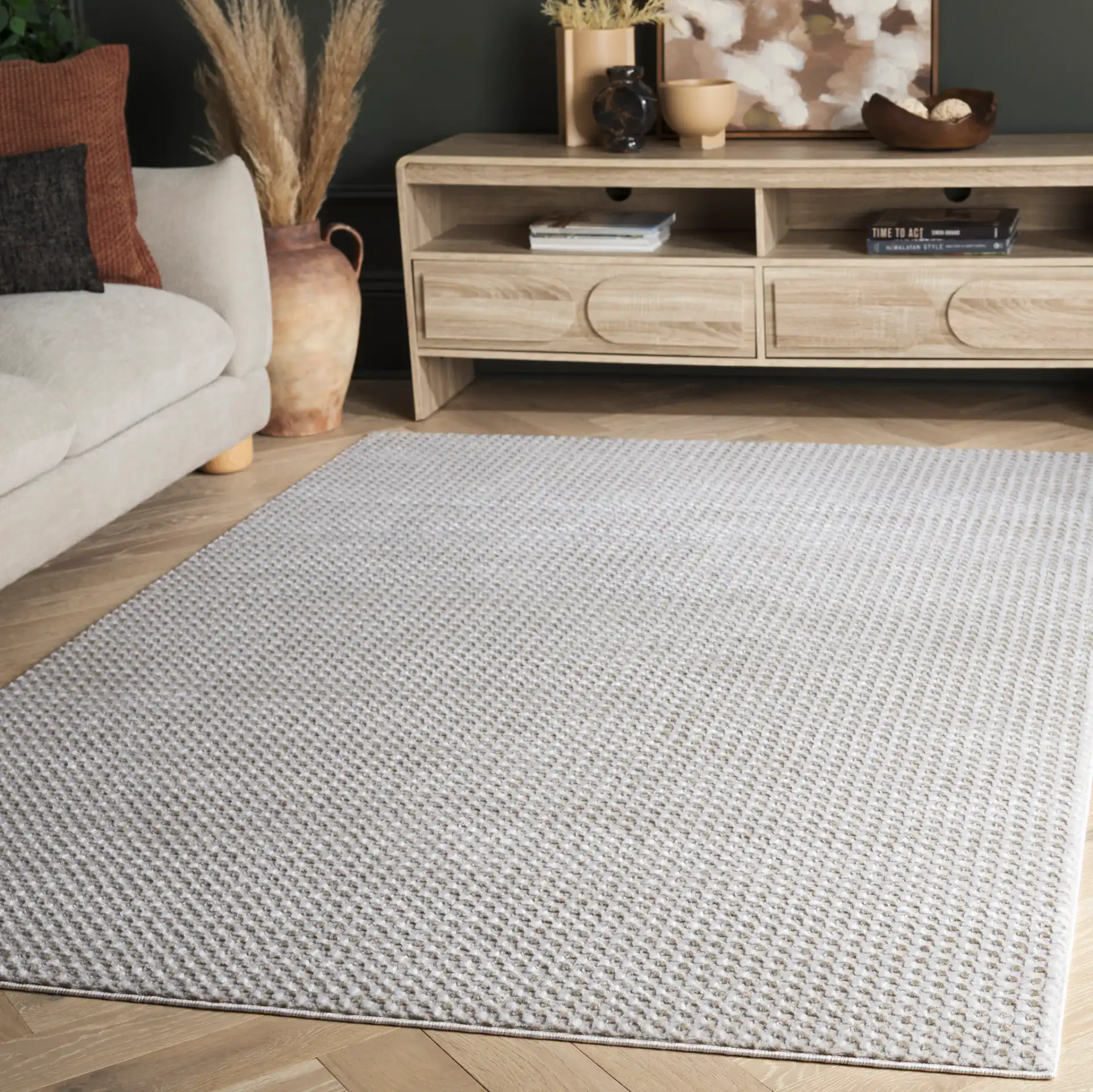 Slate Checkerboard Rug in Beige / Ivory Gray in a styled room
