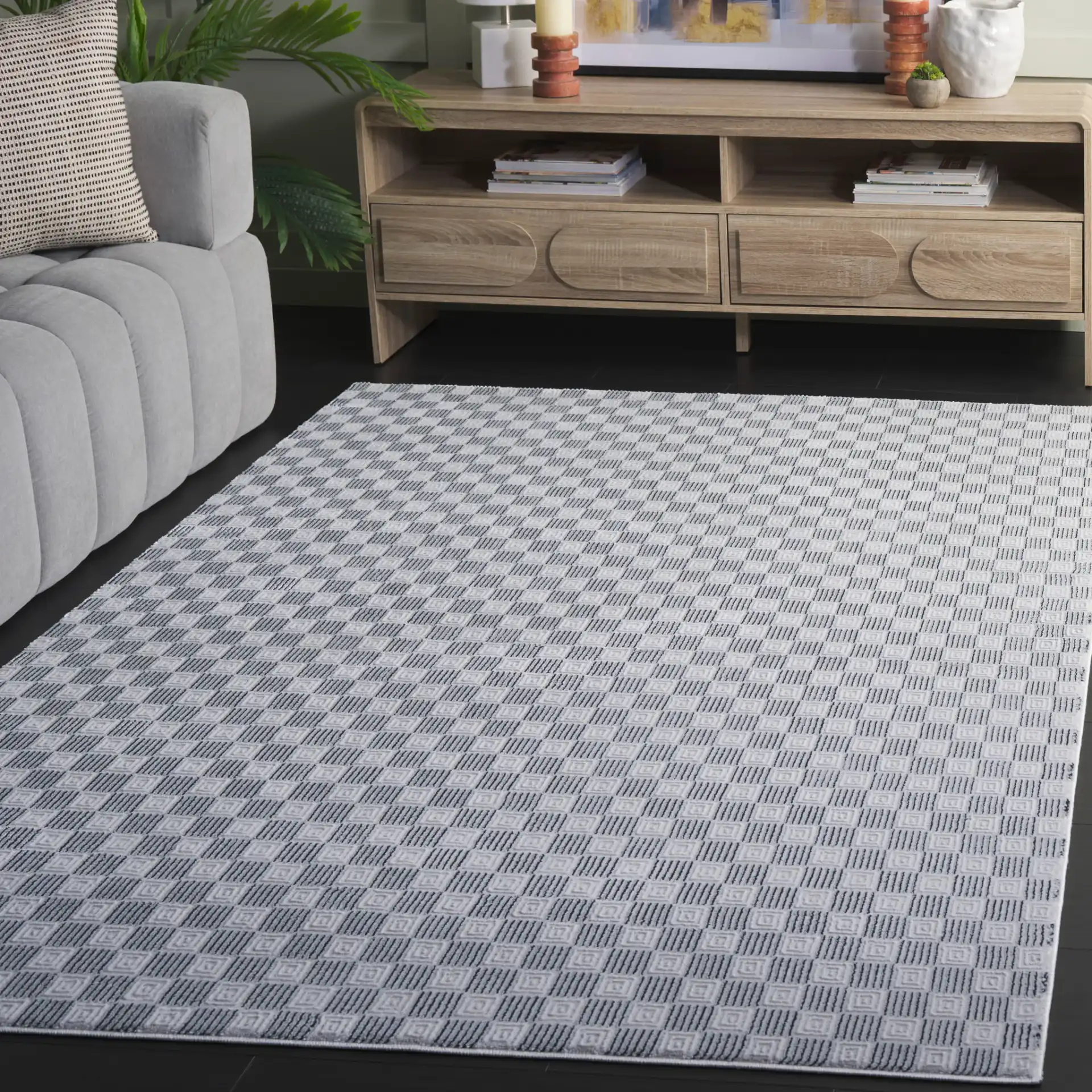 Slate Checkerboard Square Rug in Gray / Ivory Black in a styled room