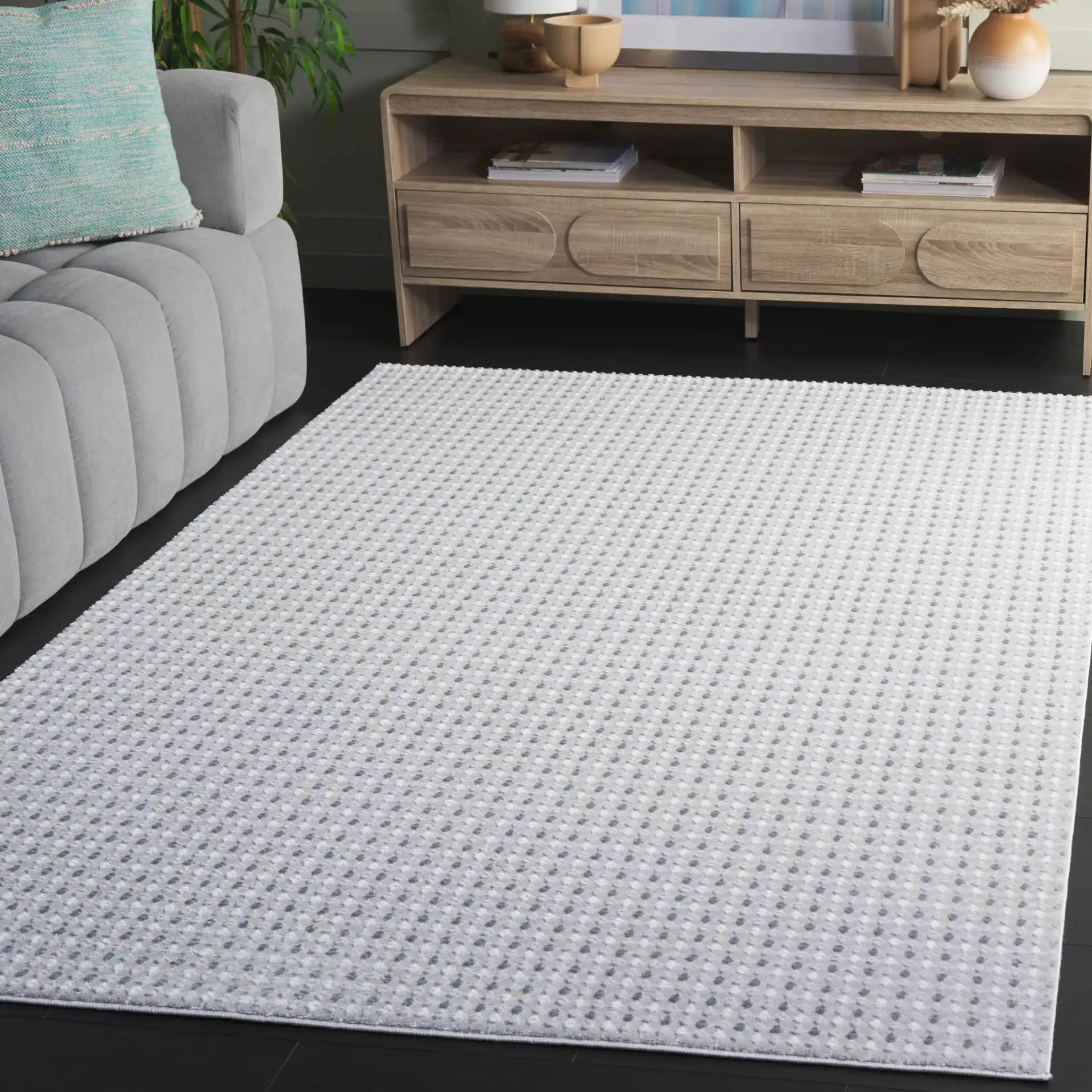 Slate Grid Rug in Gray / Ivory in a styled room