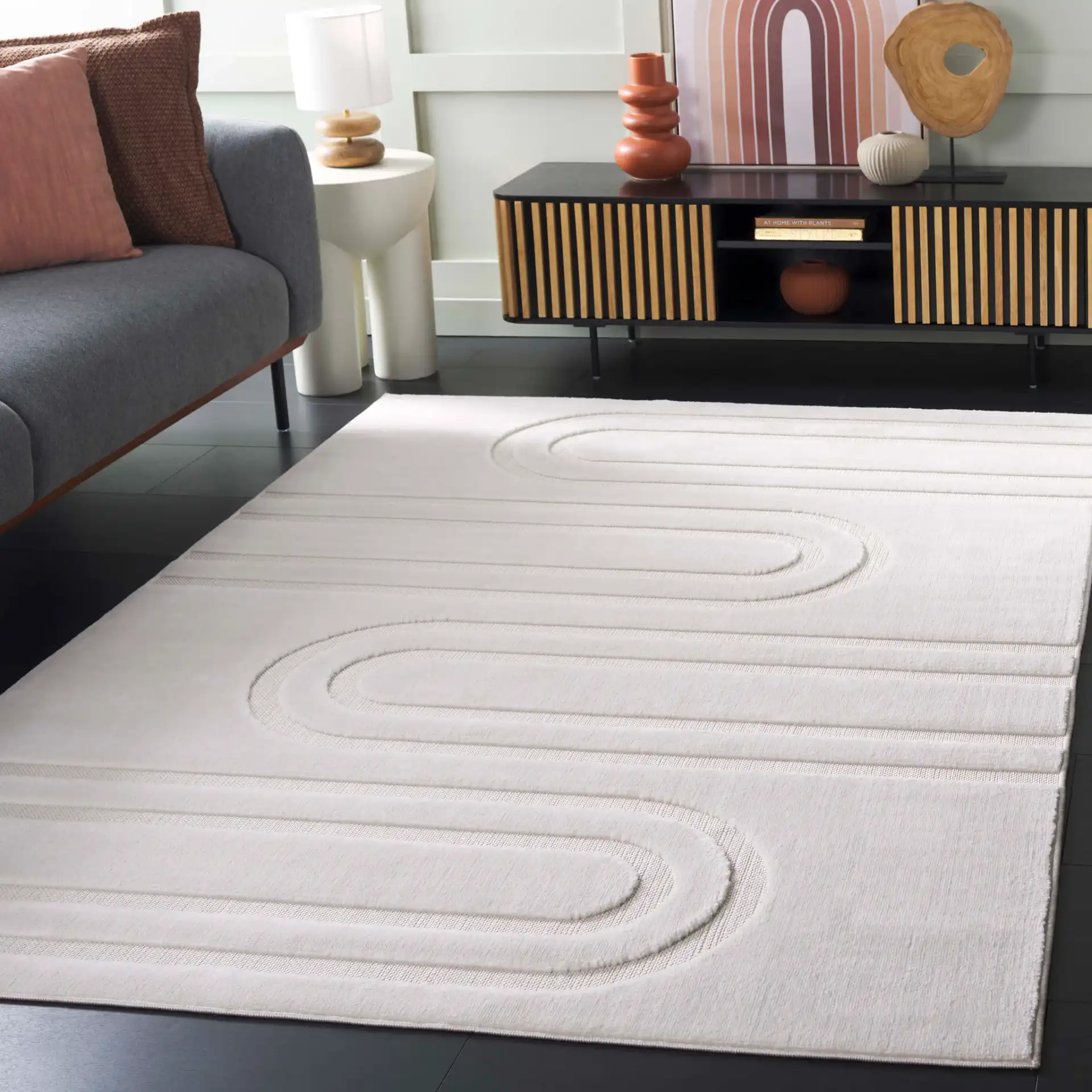 Selena Arch Rug in Ivory in a styled room