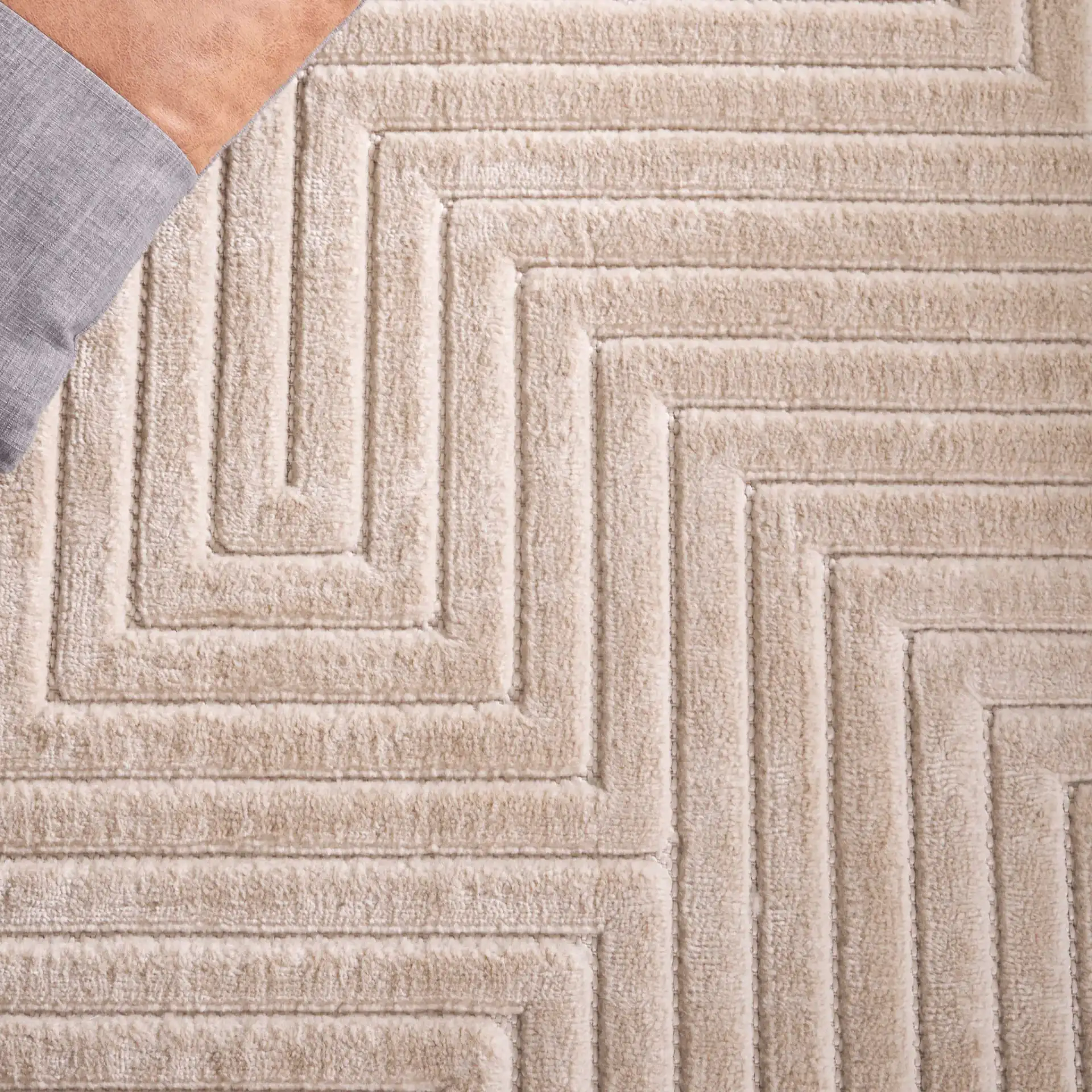 Selena Maze Rug in Beige in a styled room