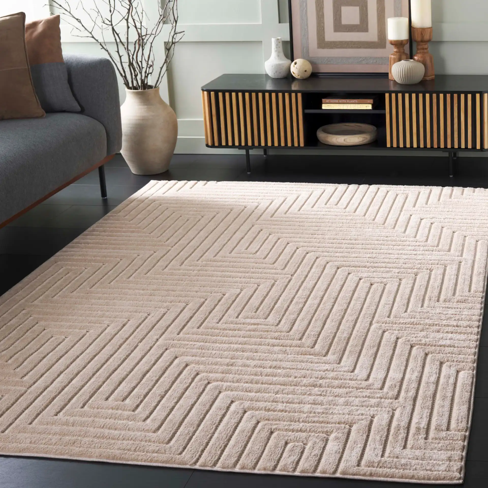 Selena Maze Rug in Beige in a styled room