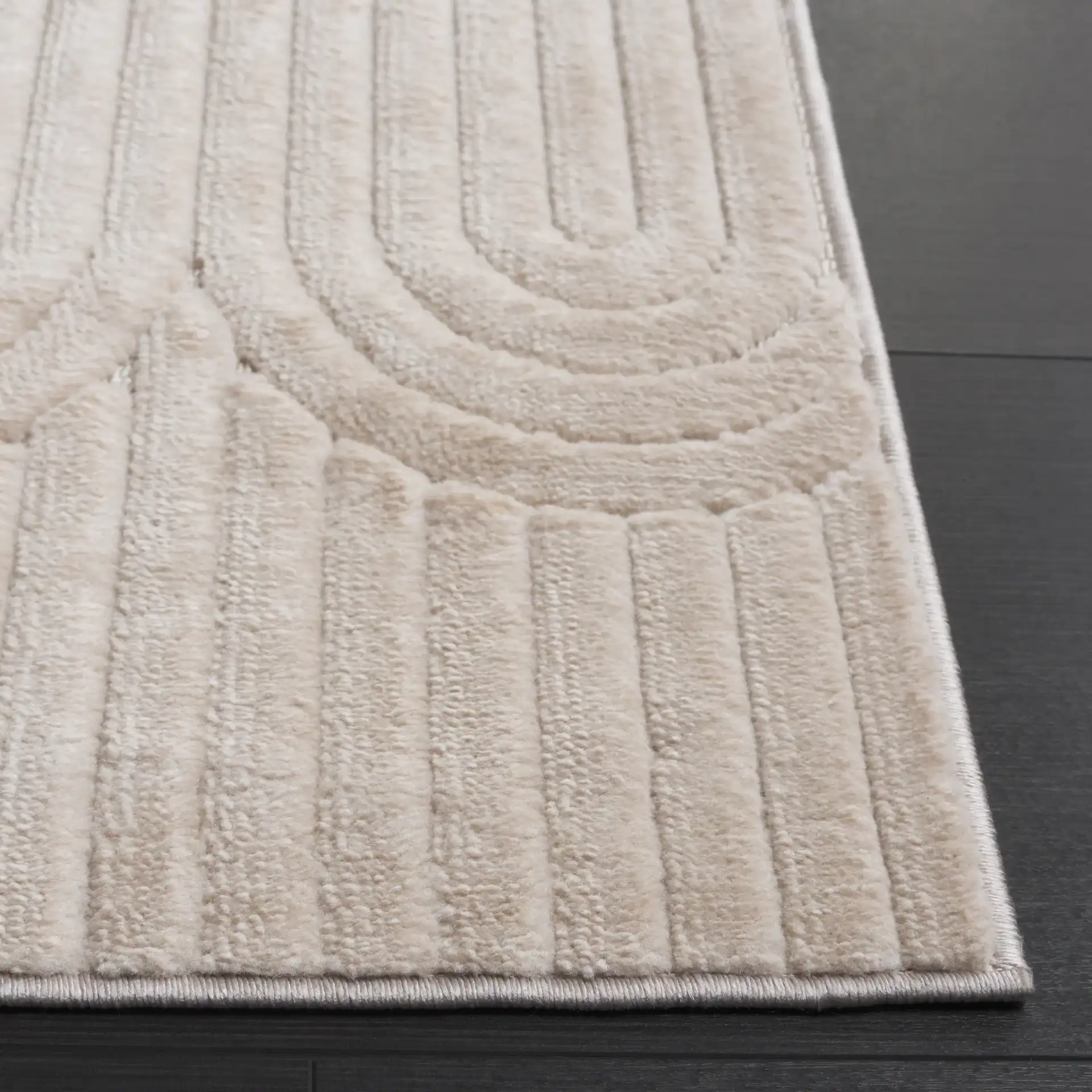Selena Concentric Arch Rug in Beige in a styled room