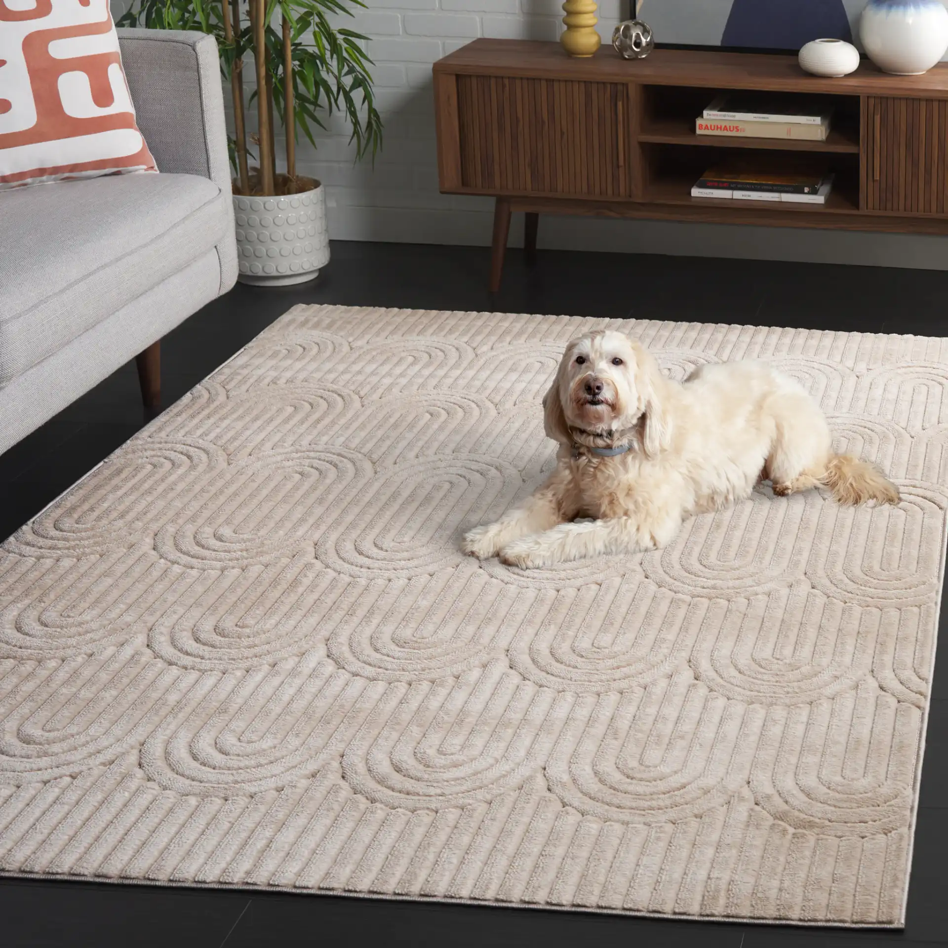 Selena Concentric Arch Rug in Beige in a styled room