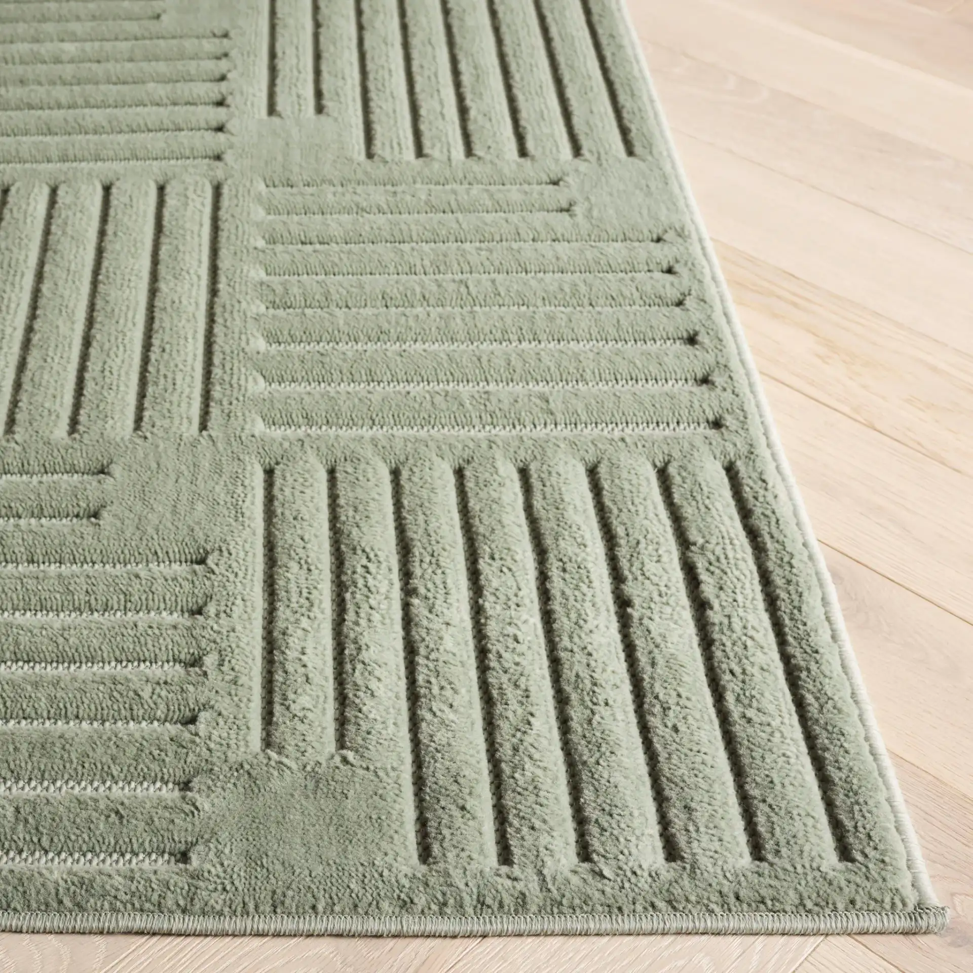 Selena Basketweave Stripe Rug in Green in a styled room