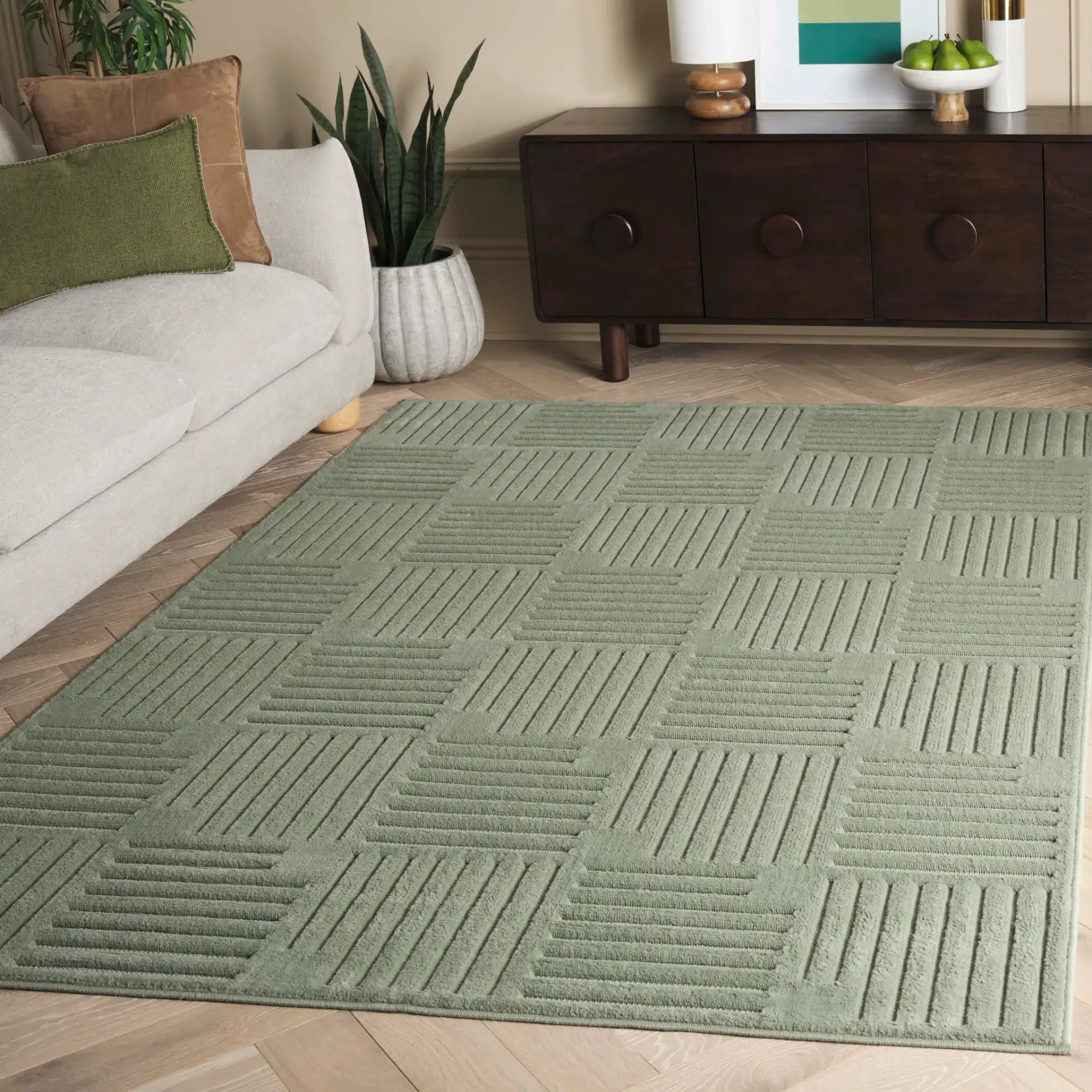 Selena Basketweave Stripe Rug in Green in a styled room