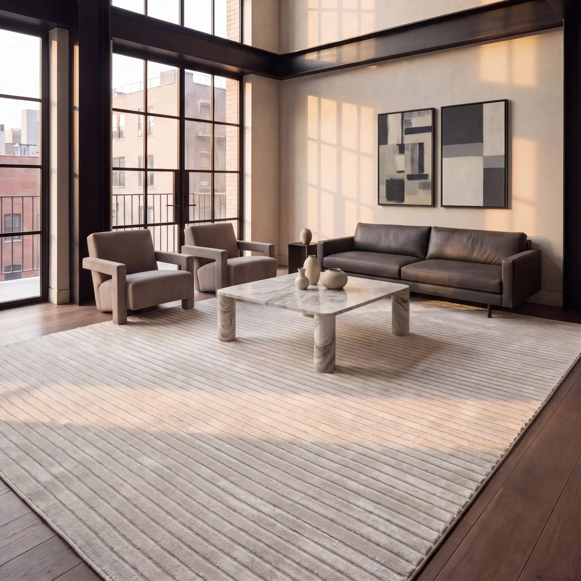 Selena Ribbed Rug in Ivory in a styled room
