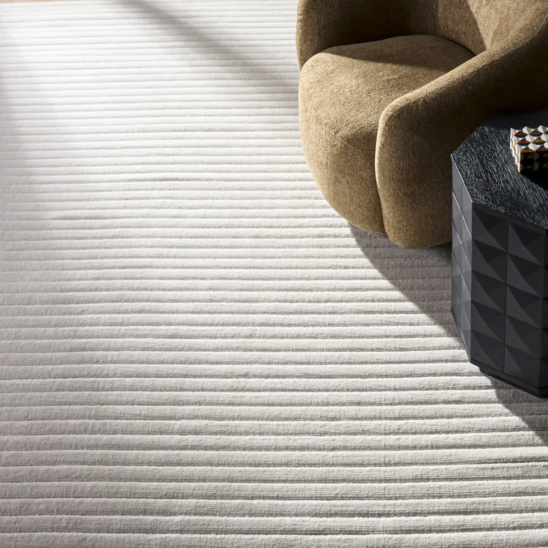 Selena Ribbed Rug in Ivory in a styled room