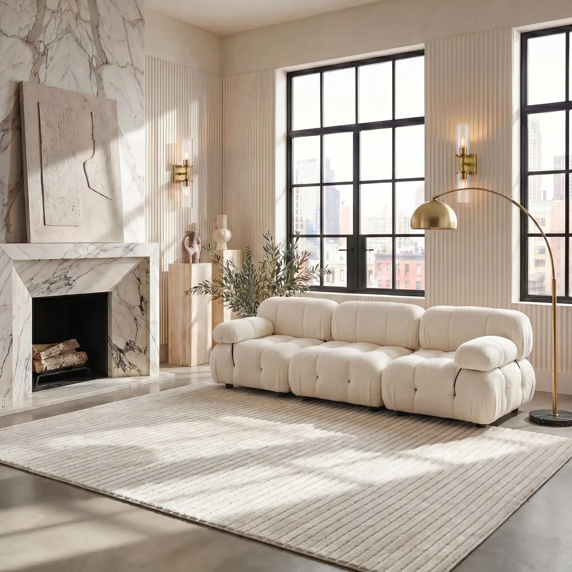Selena Ribbed Rug in Ivory in a styled room